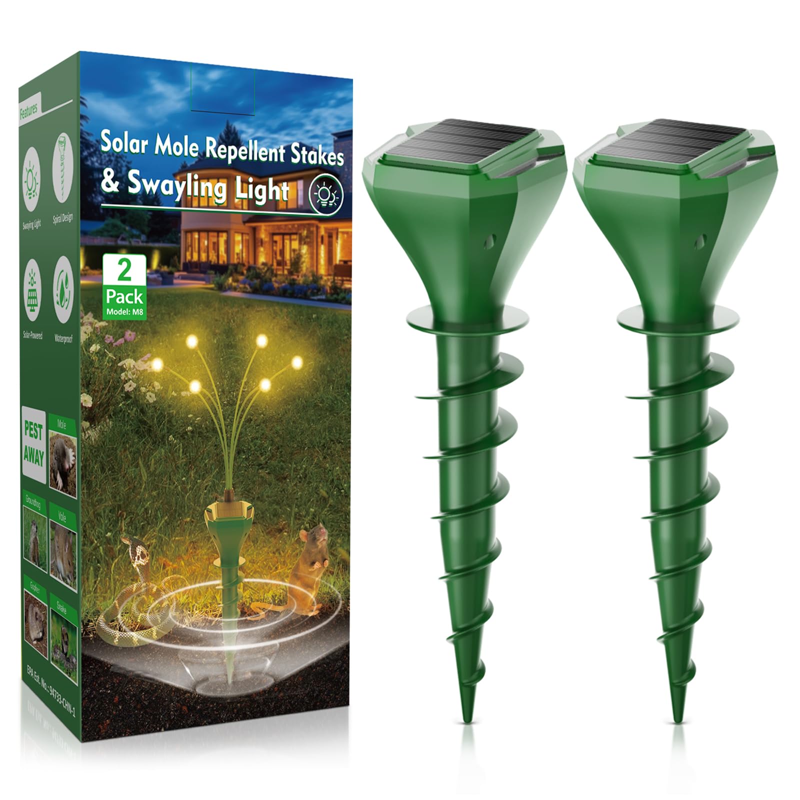 Maulwurf Vertreiber, Premium Solar Wühlmausschreck Testsieger 2er Pack - Humane Ultraschall- & Vibrations-Abwehr gegen Maulwürfe & Wühlmäuse, Solarbetrieben, Wasserdicht IP65, für Garten & Rasen