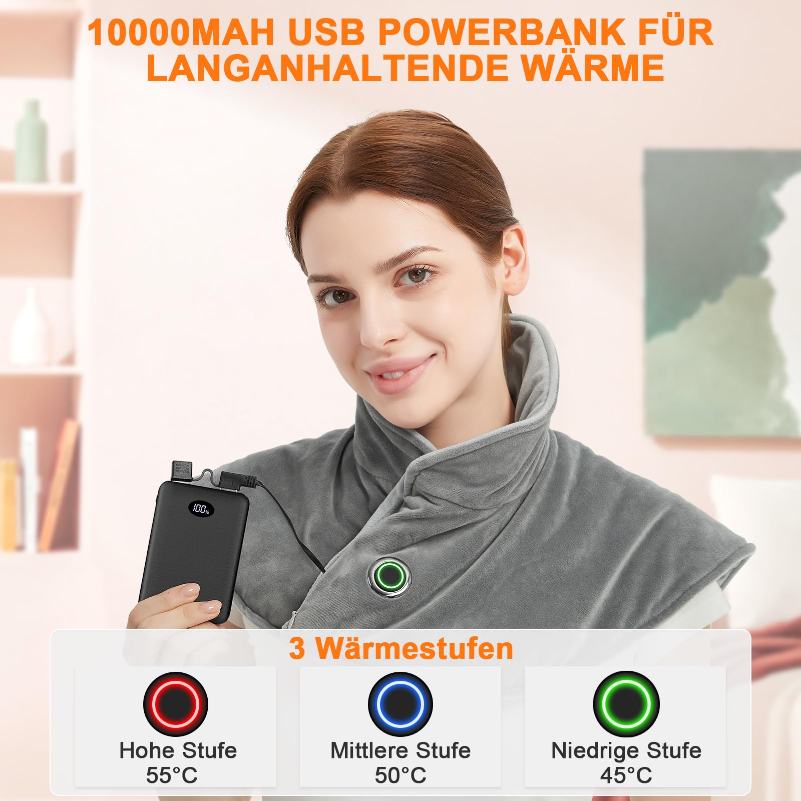 FERNIDA Kabellos Akku Heizkissen für Nacken Schulter Rücken mit Abschaltautomatik, USB Gewichtetes Elektrisches Heizkissen, Rücken Wärmekissen mit 3 Temperaturstufen, Grau