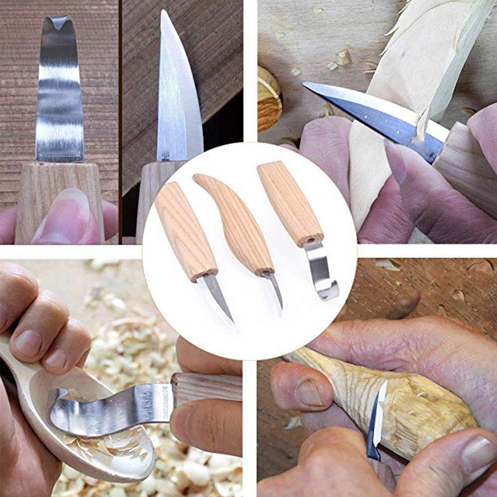 3 piezas Set madera herramientas de tallado, cuchara de tallado gancho cuchillo Sloyd cuchillo y chip cuchillo para artesanía de la carpintería