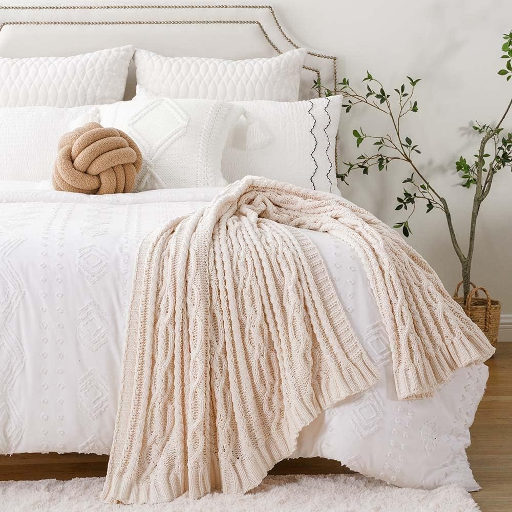 Manta de punto de felpilla, color blanco crema, para sofá, 51 x 67 pulgadas, manta tejida de punto de felpilla para silla, manta decorativa con textura súper suave y cálida para cama, sofá y sala de estar. 6