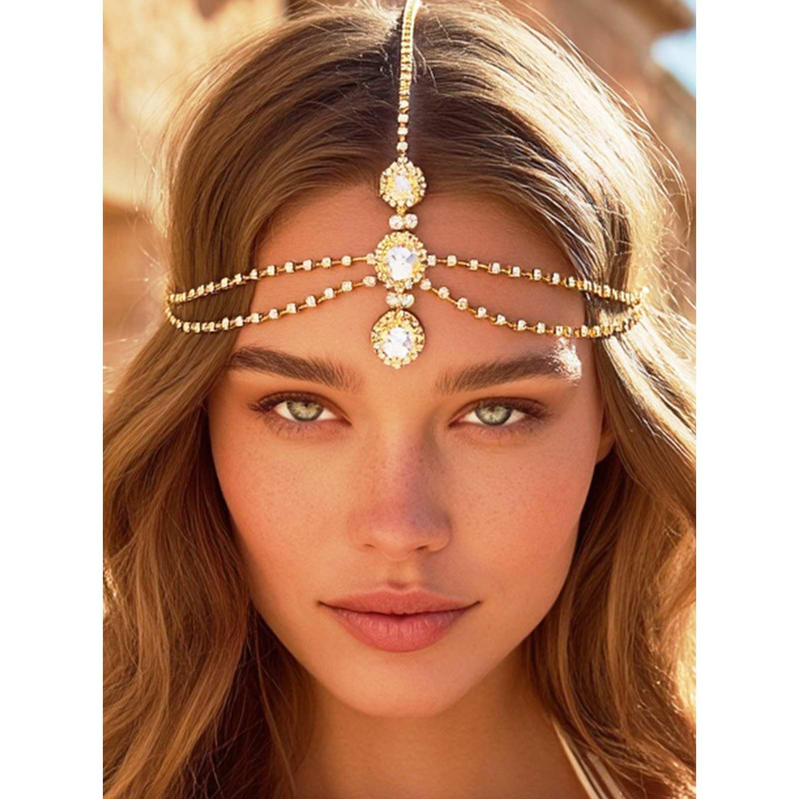 Brishow Rhinestone Boho Head Chain Jewelry Forehead Gold Head Jewelry Wedding Crystal Festival Hair Chain Multi-Layered Headpiece for Women and Girls