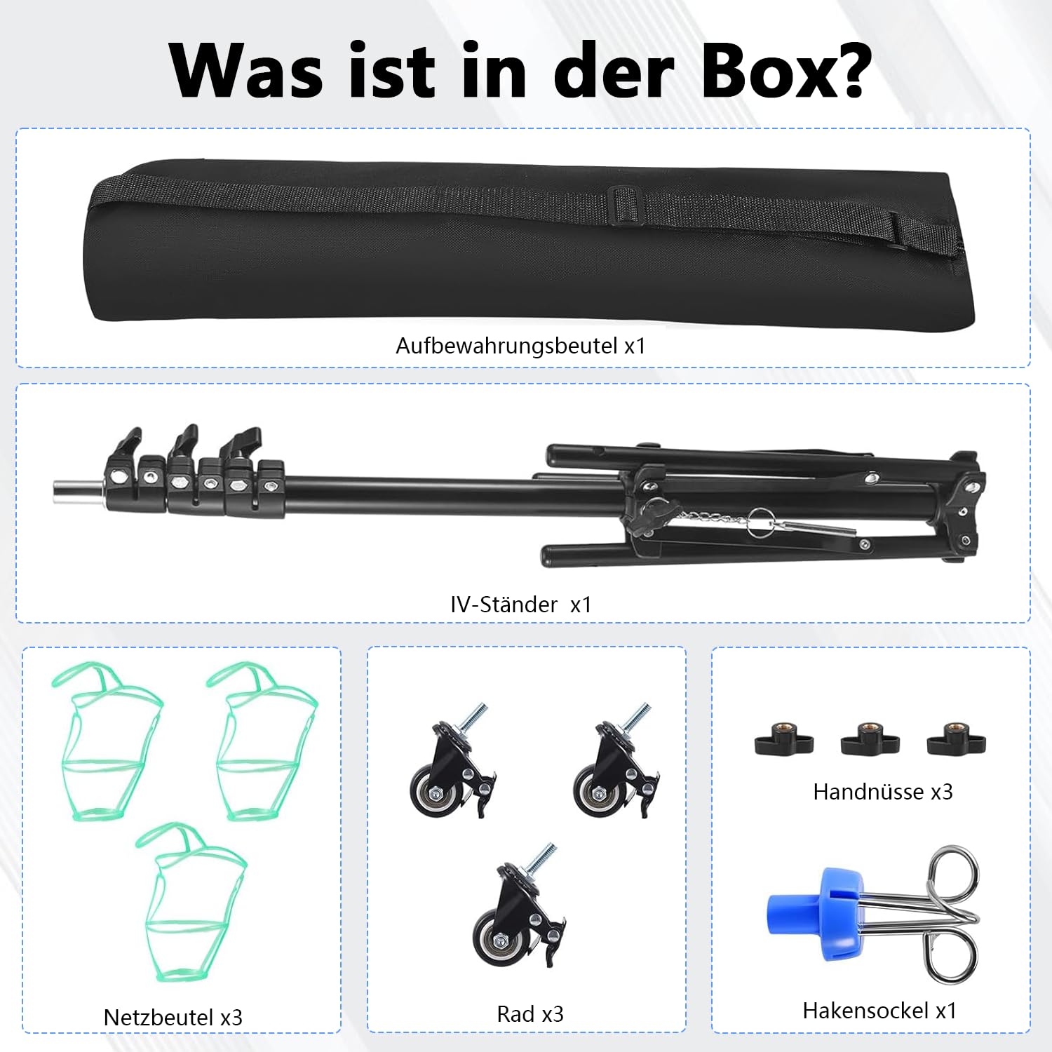 Supporto per infusione regolabile con ruote, altezza regolabile 90 – 190 cm, pieghevole con 4 ganci, 3 tasche in rete e 1 custodia, supporto portatile per IV per ospedale e cura della casa