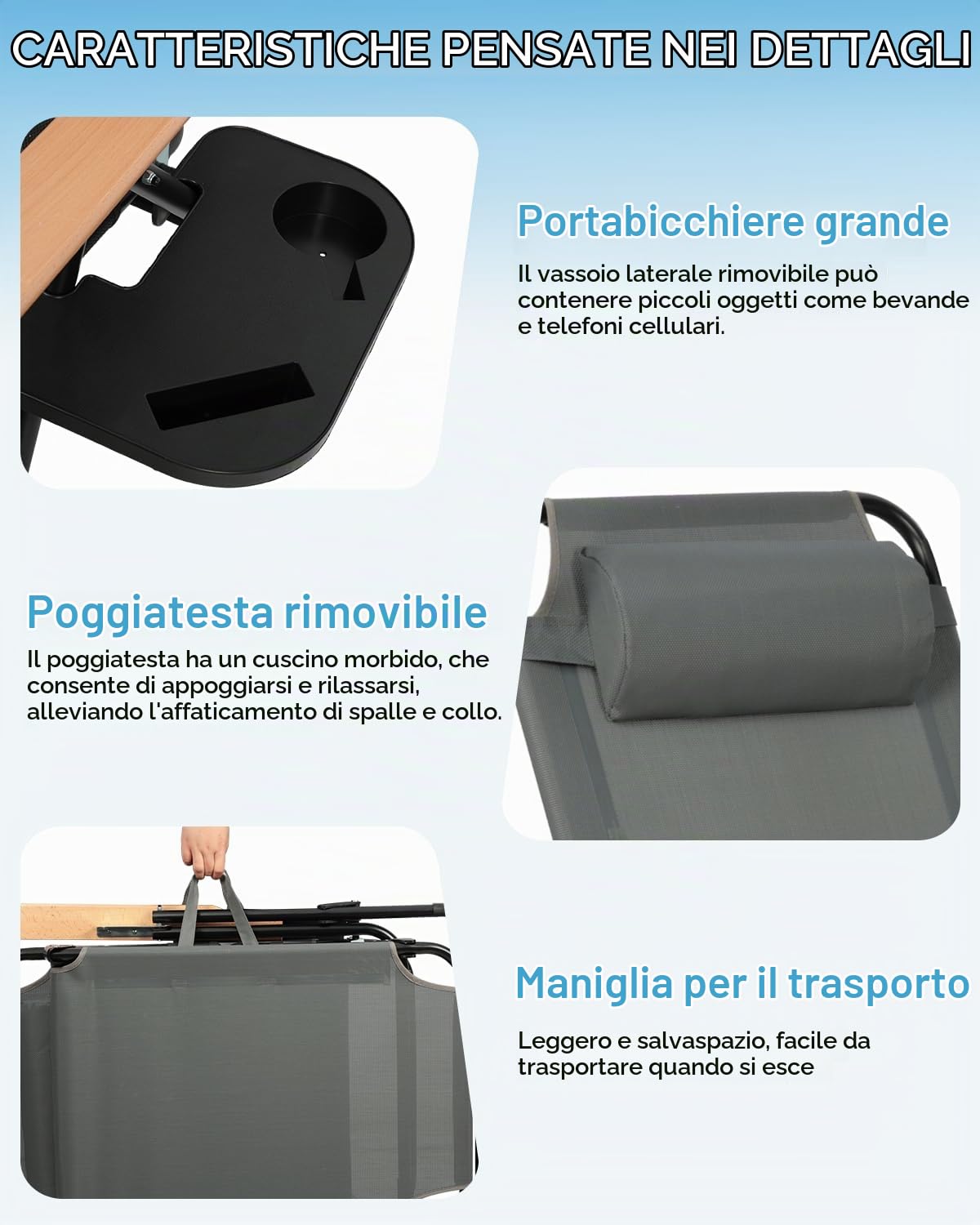 Lettino Prendisole Pieghevole, Sdraio da Spiaggia Portatile, Regolabile in 4 Posizioni, Sedia a Sdraio con Braccioli in Legno, per Balcone Giardino Piscina e Spiaggia (Grigio con Beige)