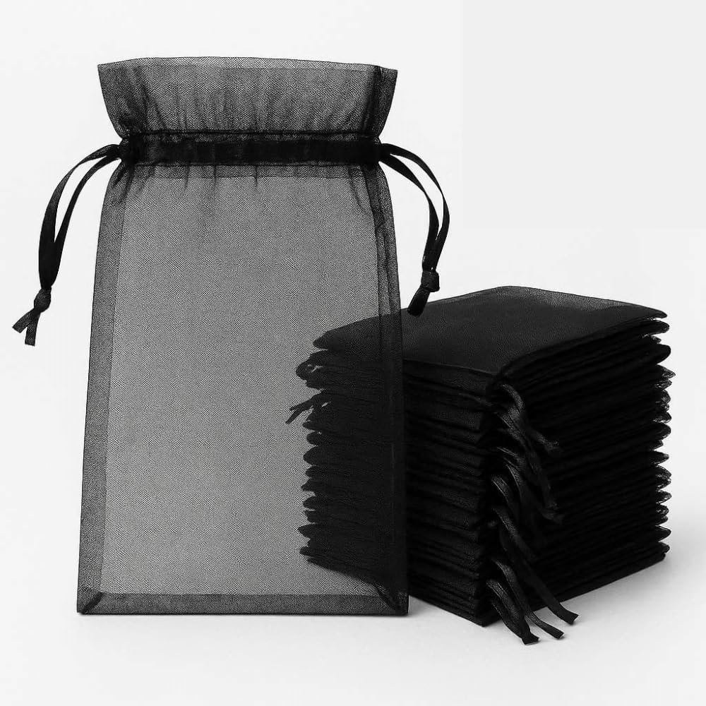 Black Organza Gift Bags 50PCS 5x7cm Small Mesh Jewelry Pouches with Drawstring Mini Party Favour Bags for Wedding Baby Shower Christmas Bracelet Jewellery Packaging
