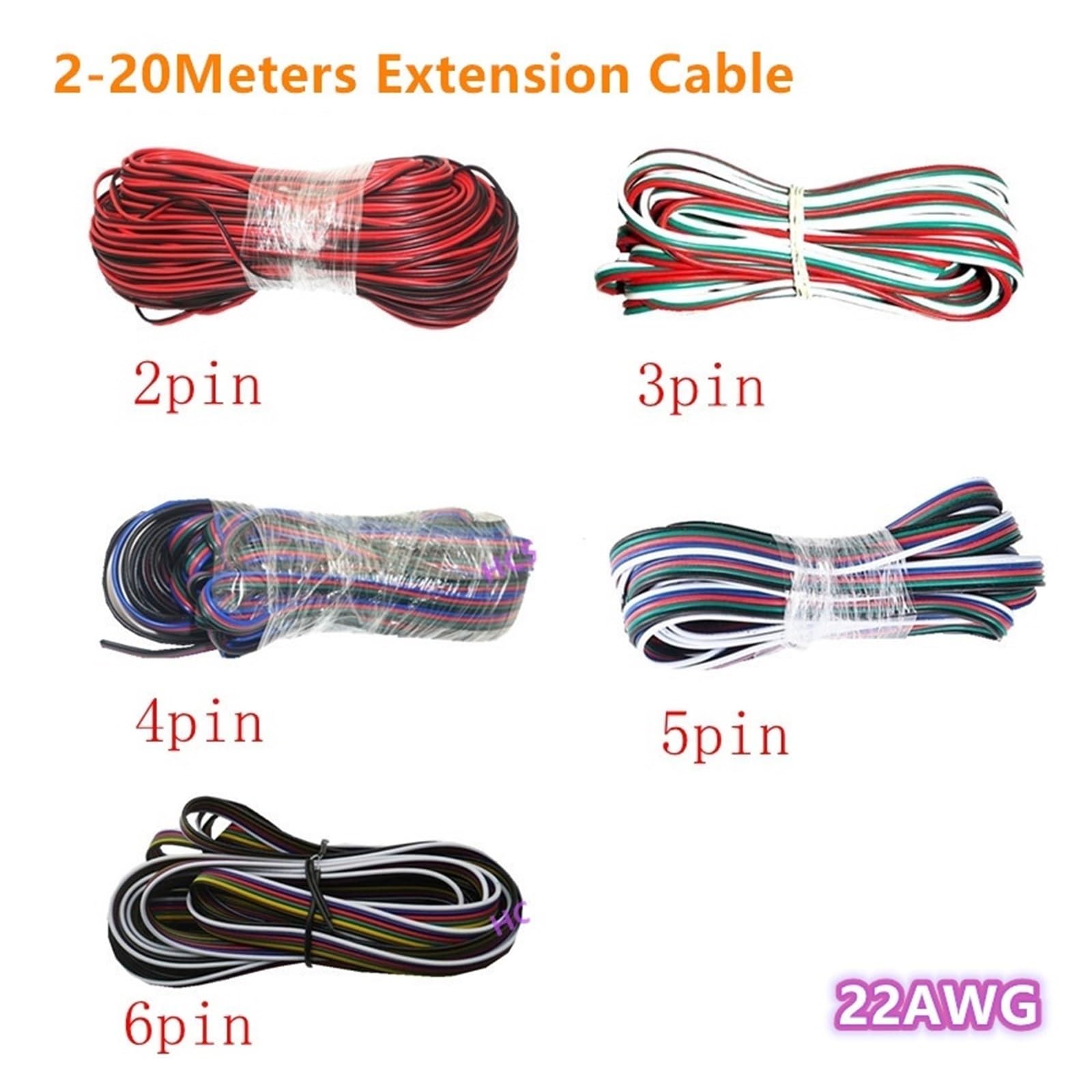 Connecteur de câble d'extension de Bande LED, 5m-100m, 22awg, 2 Broches, 3 Broches, 4 Broches, 5 Broches, 6 Broches, 5050 3528 RGB RGBW RGBWW RGBCCT(4Pin Black Wire,100m)