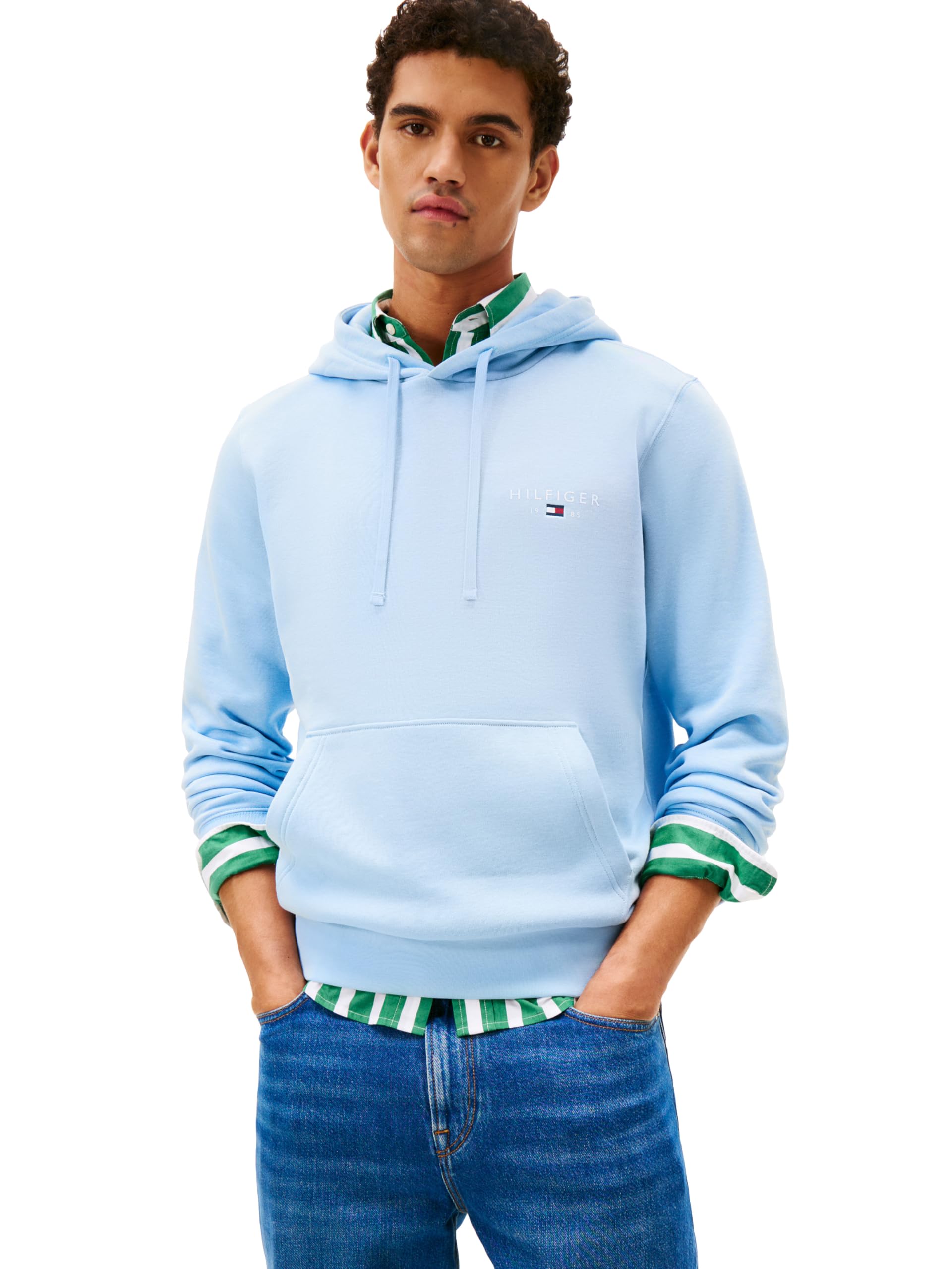 Men's Medium Weight Cotton Hoodie Sweatshirt With Embroidered Flag Logo and Drawstring