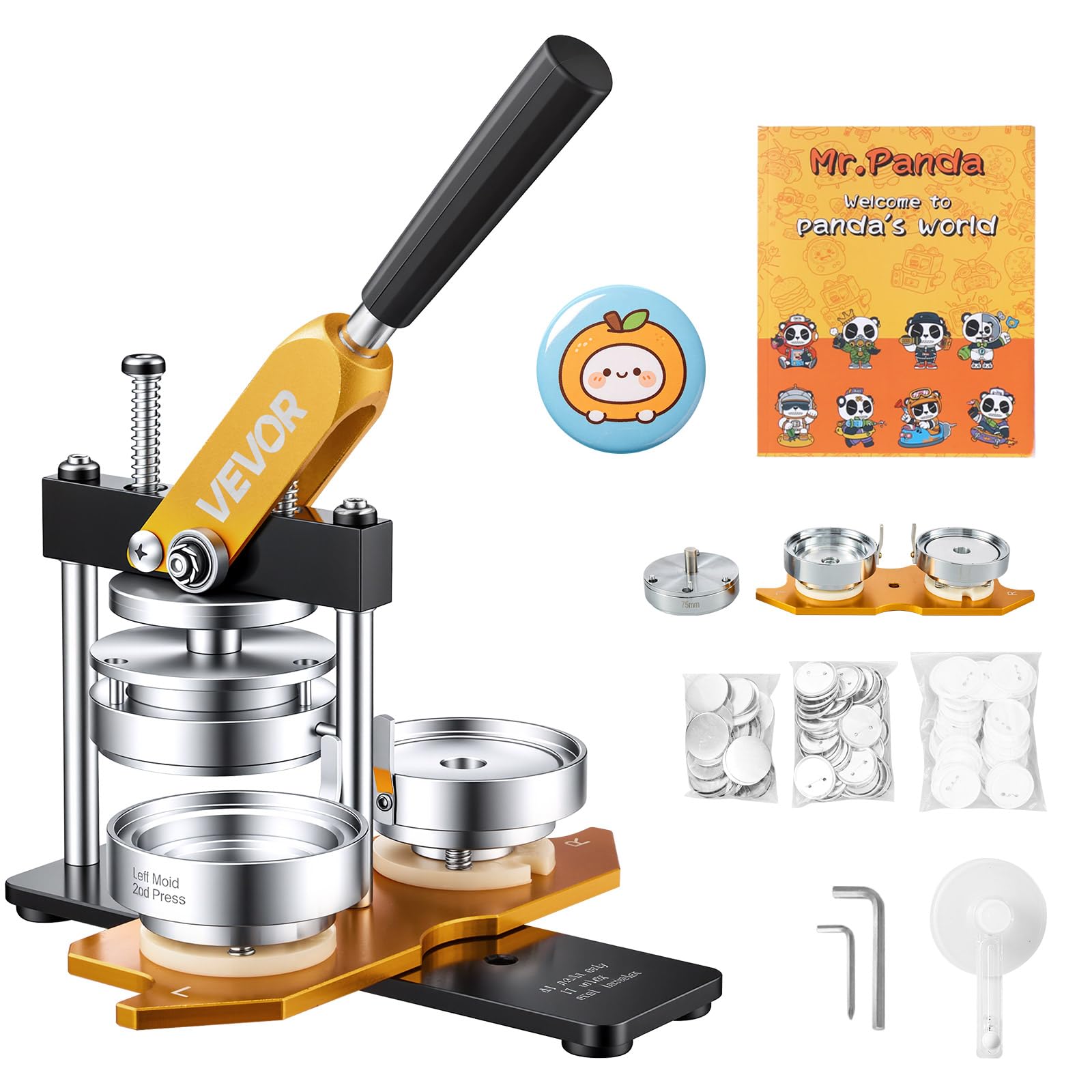 VEVOR Kit per Fustellatrice Manuale di Badge Spillo Bottoni Diametro 75mm, Kit di Punzonatrice Manuale in Acciaio Alluminio per Badge Spillo Fai-da-te con Accessori Completi Modelli da Diametro 75mm