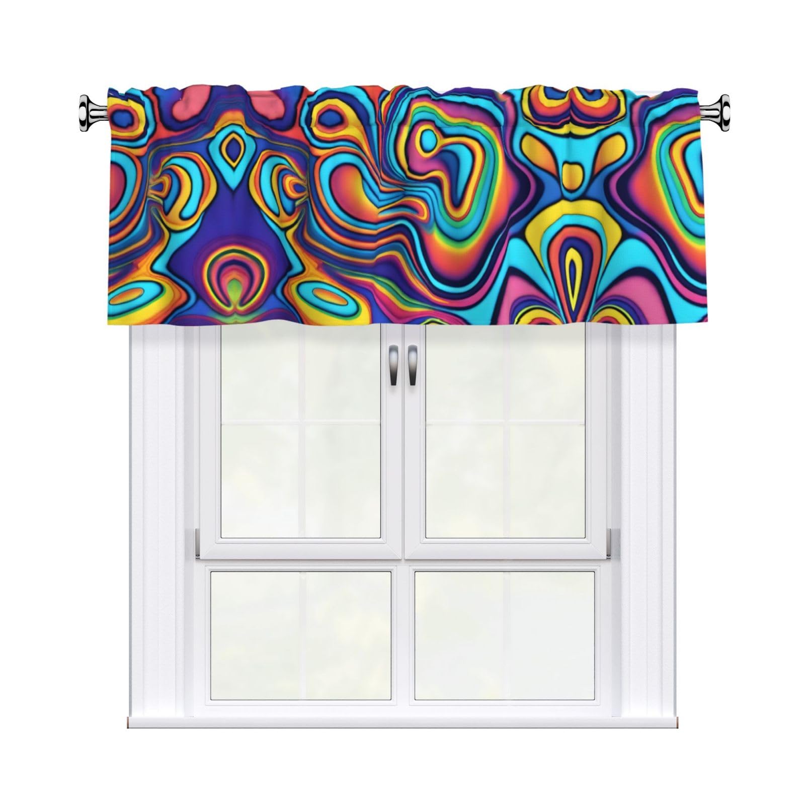 Hytter Black Psychedelic Colors Pattern Short Curtains With Valance Rod 54X18in, Light Filtering, Easy Installation For Kitchen, Bathroom, Laundry Room, Studio
