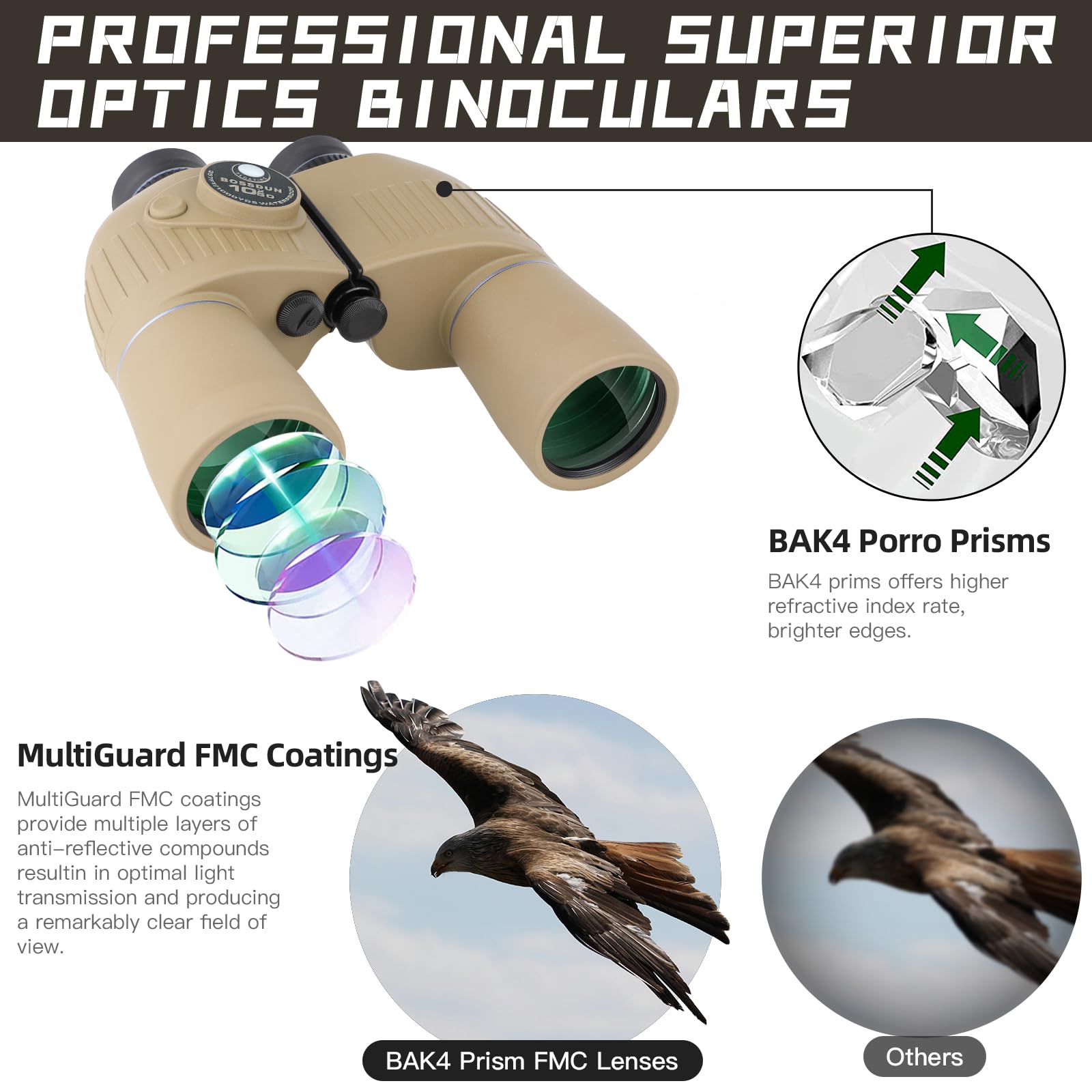 10x50 Binocolo Marino per Adulti, Binocoli Militare Impermeabile con Bussola Telemetro BAK4 Prisma Lente FMC Antiappannamento per la Navigazione Birdwatching Caccia (19B)