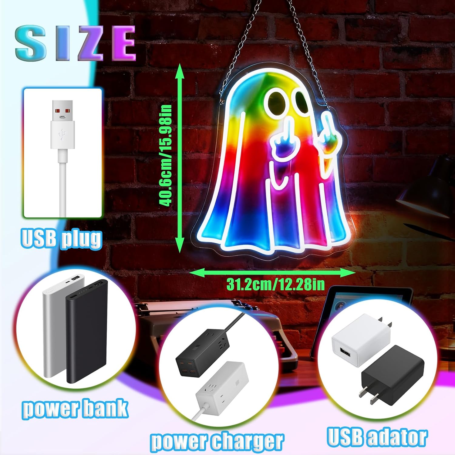 Funny Ghost Neon Sign with Dimmable Switch, 12"x16" Colorful LED Neon Light for Wall Decor, USB Powered Halloween Neon Sign for Bedroom, Game Room, Bar, Man Cave, Kids Room, Party, or Gift - Image 4