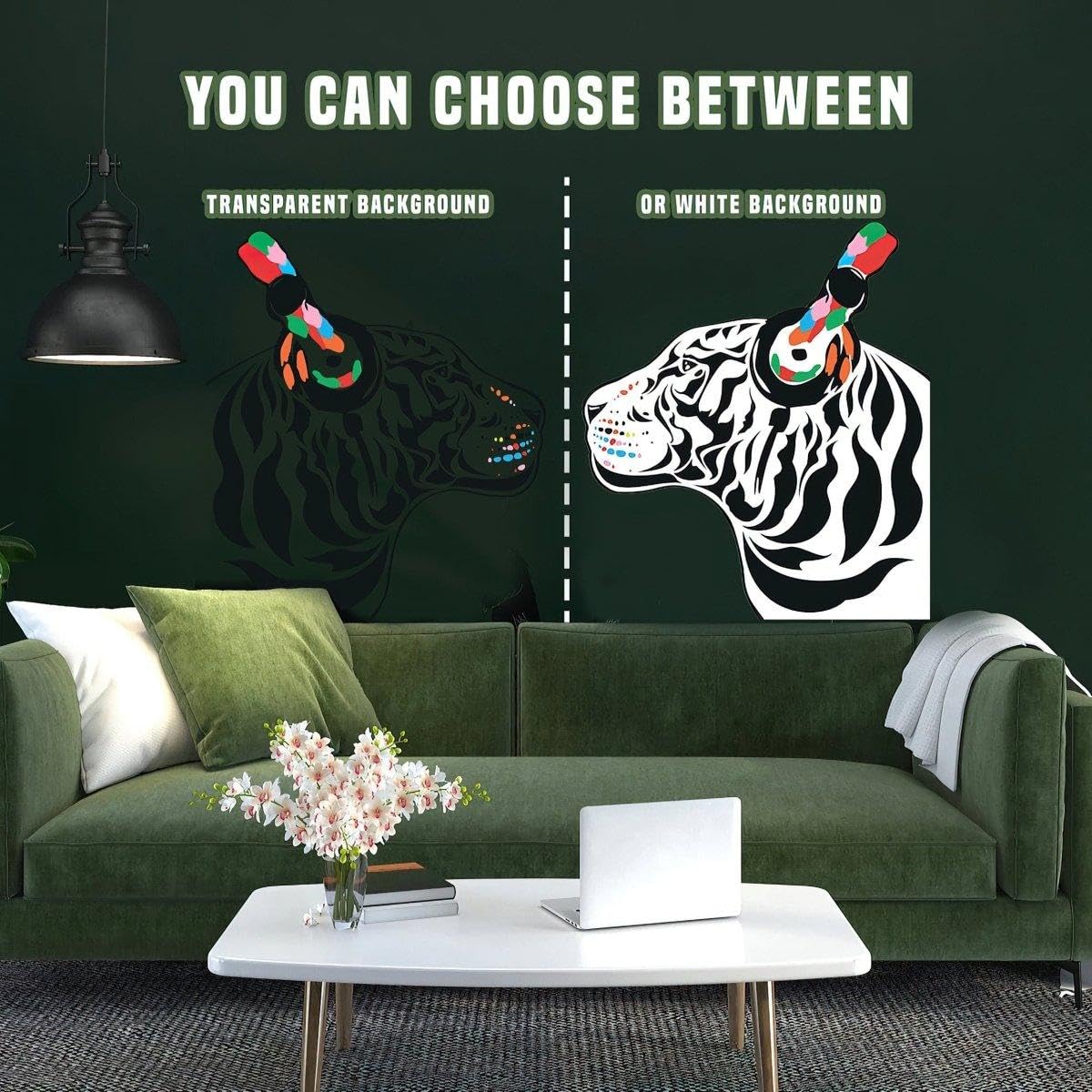 Decalcomania da parete in vinile, motivo: tigre DJ ispirata alla musica, per pareti, 63 x 55 cm, colore: bianco