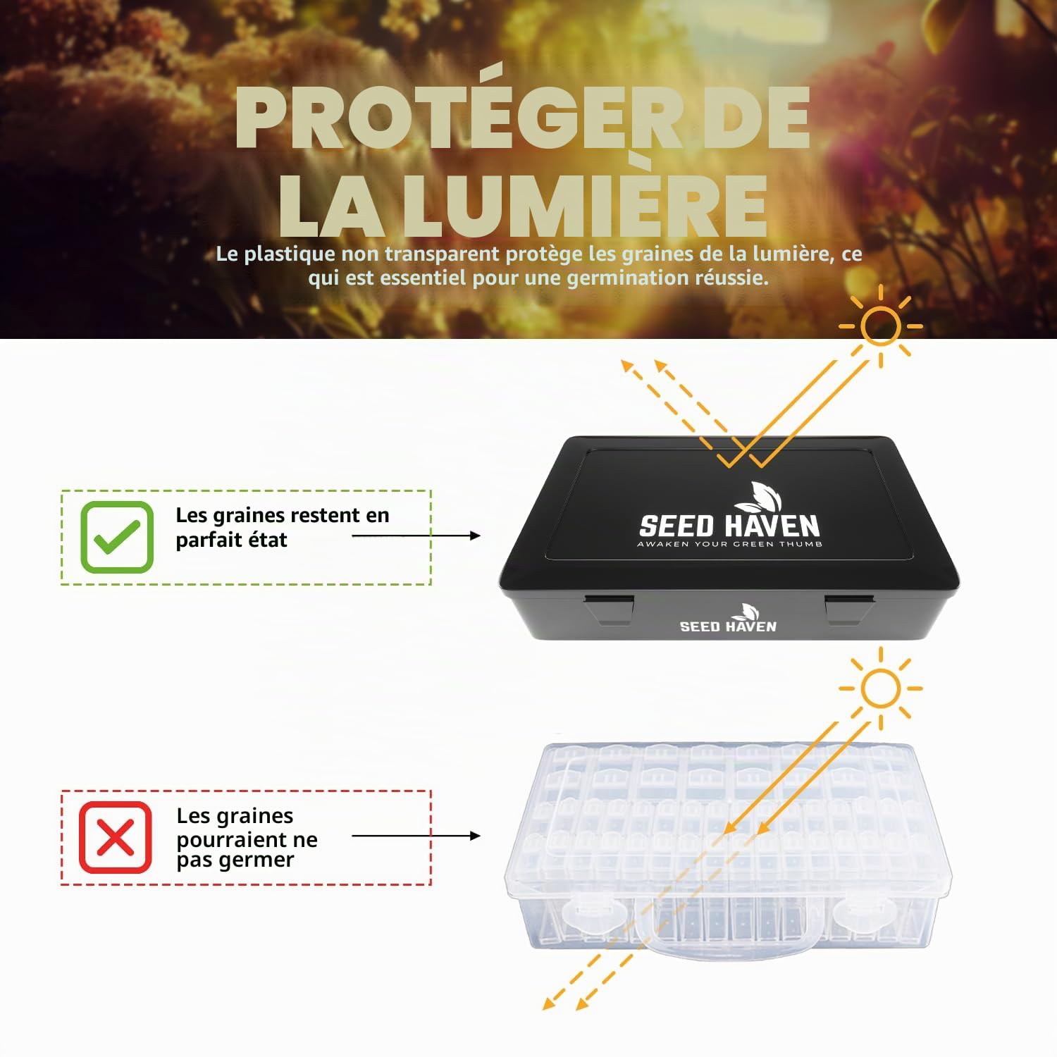 Boîte de rangement de semences, opaque, légère, sûre, avec 60 bouteilles transparentes et étiquettes, organisateur de semences, boîte de rangement de semences, organisateur de graines, boîte de