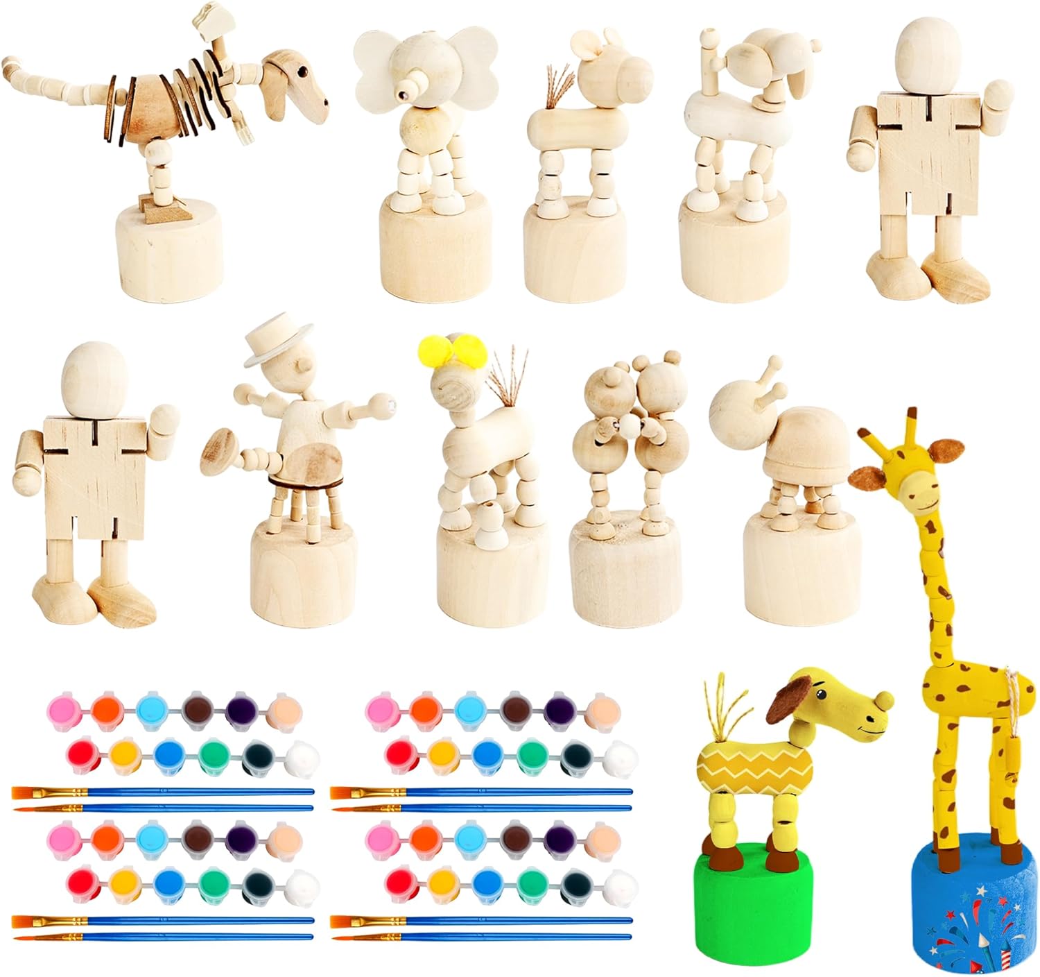 Hoarost 16 Pcs Animal Wooden Crafts Kits with 12 Pcs Unfinished Wood Cartoon Figures 4 Pcs 12 Colors3 ml Acrylic Paint and 4 Pcs Paint Brush for DIY Arts and Crafts Activities Home Office Decor