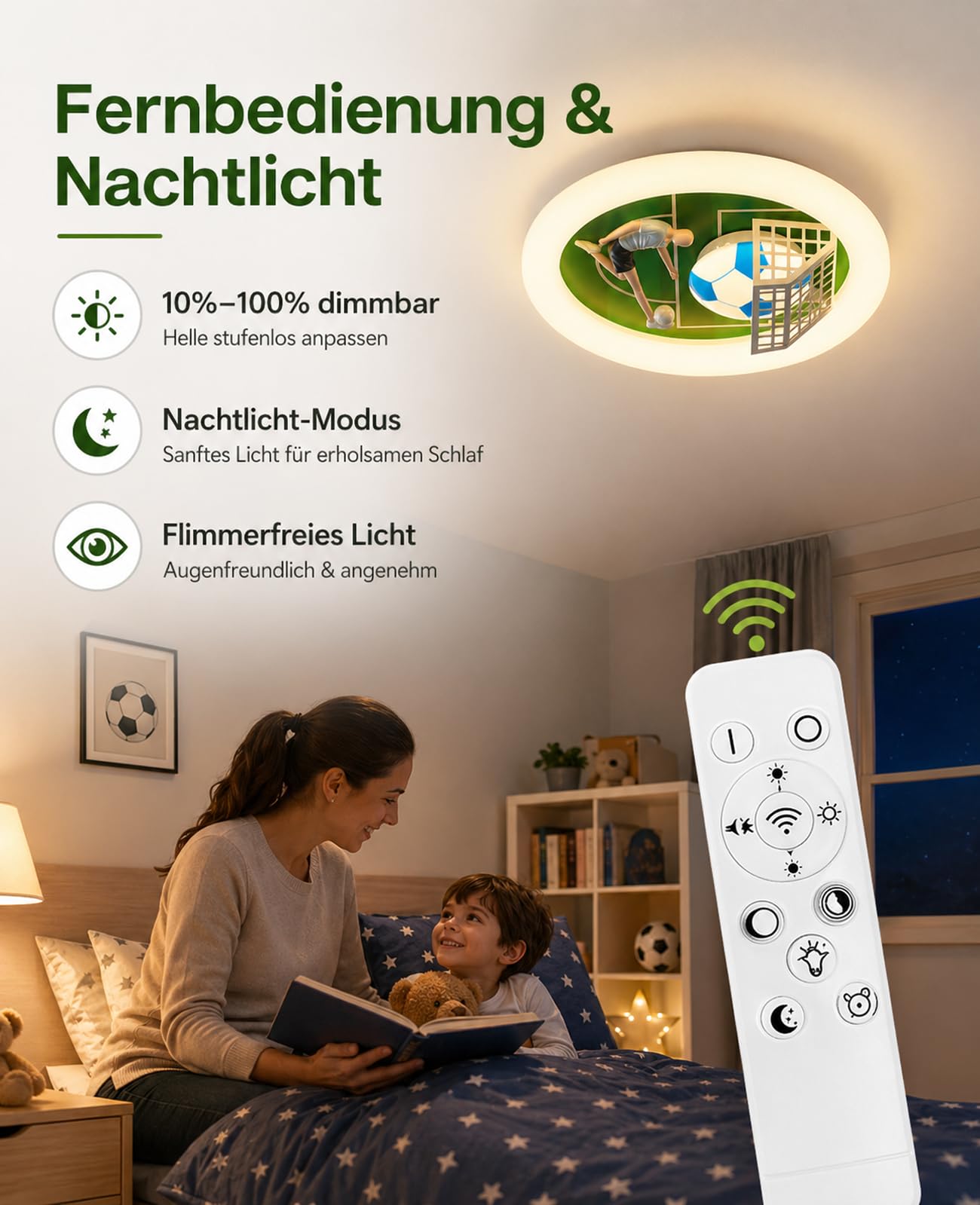 DROMEZ Fußball Deckenlampe Kinderzimmer, LED Deckenleuchte Kinder mit Fernbedienung Dimmbar, Lampe Decke 48W 2400LM 3000K/4500K/6000K, Schlafzimmer für Junge Mädchen Deko, Ø50cm