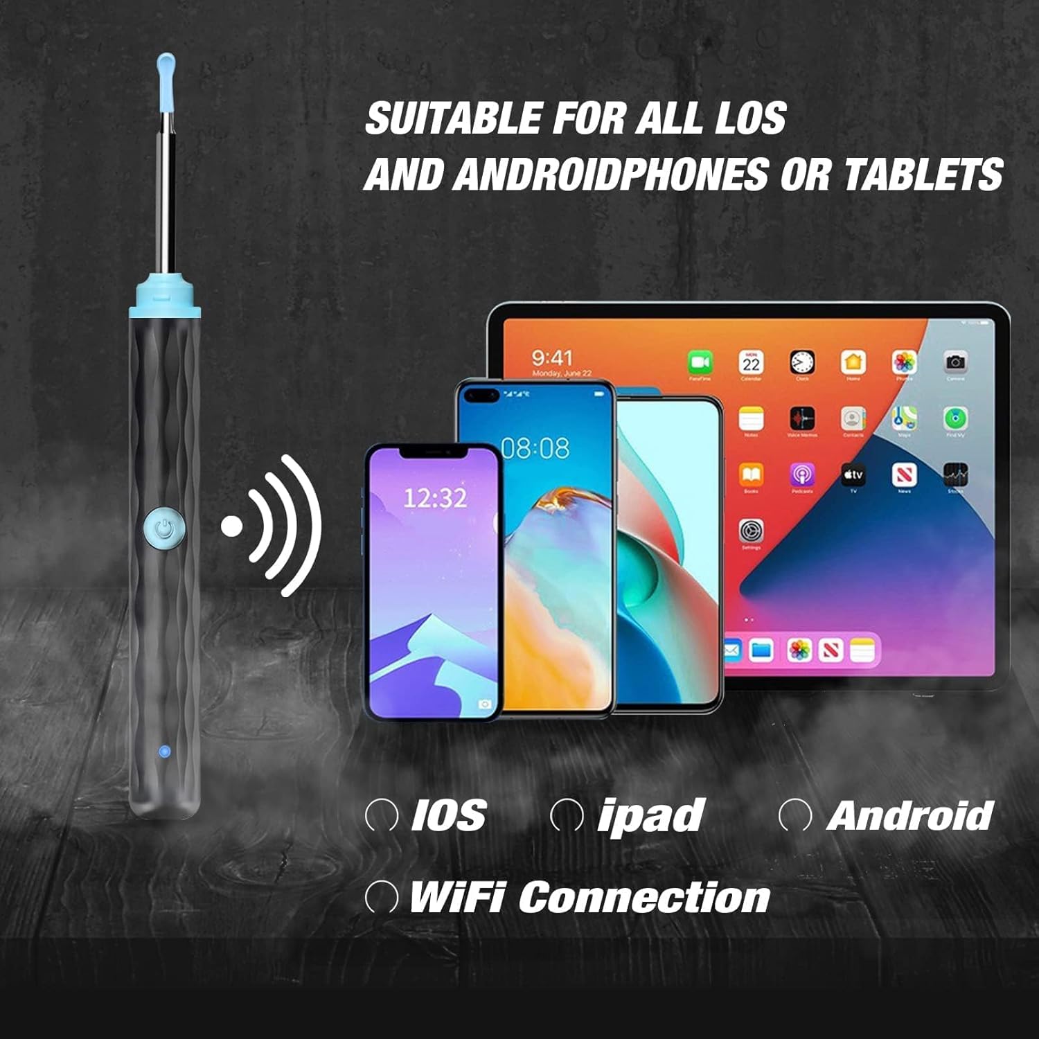 Ear Wax Removal Tool with High Definition Camera (1296P HD), Ear Cleaner Earwax Removal Kit with 6 LED Lights, Ear Cleaning Kit with 7 Ear Picks Compatible with iPhone,iPad and Android Phones(Black)