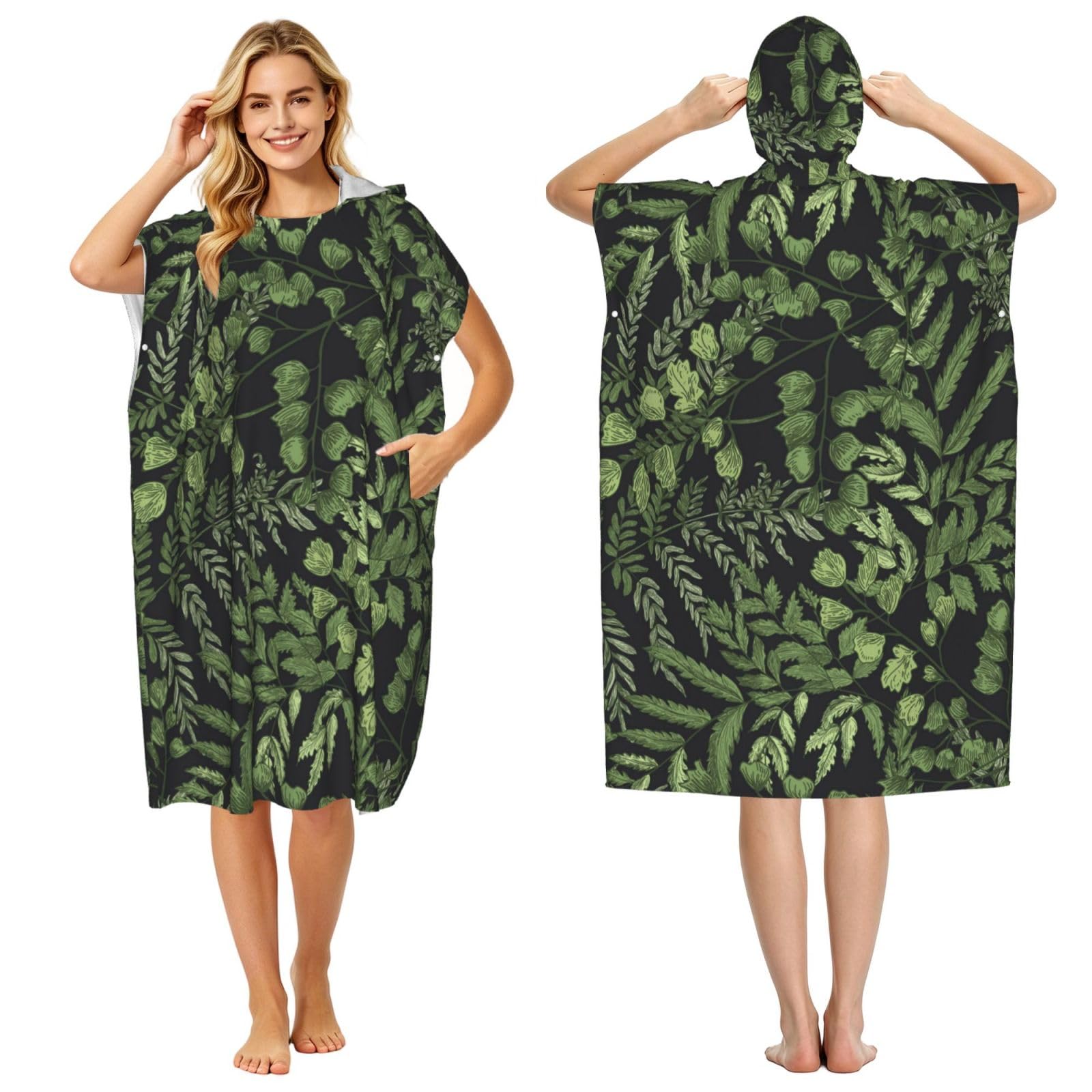 Poadnly Leaves Botanical, Adult Hooded Beach Towel 90 x 110 cm,Changing Bath Robe, Surf Poncho Towel For Women Men