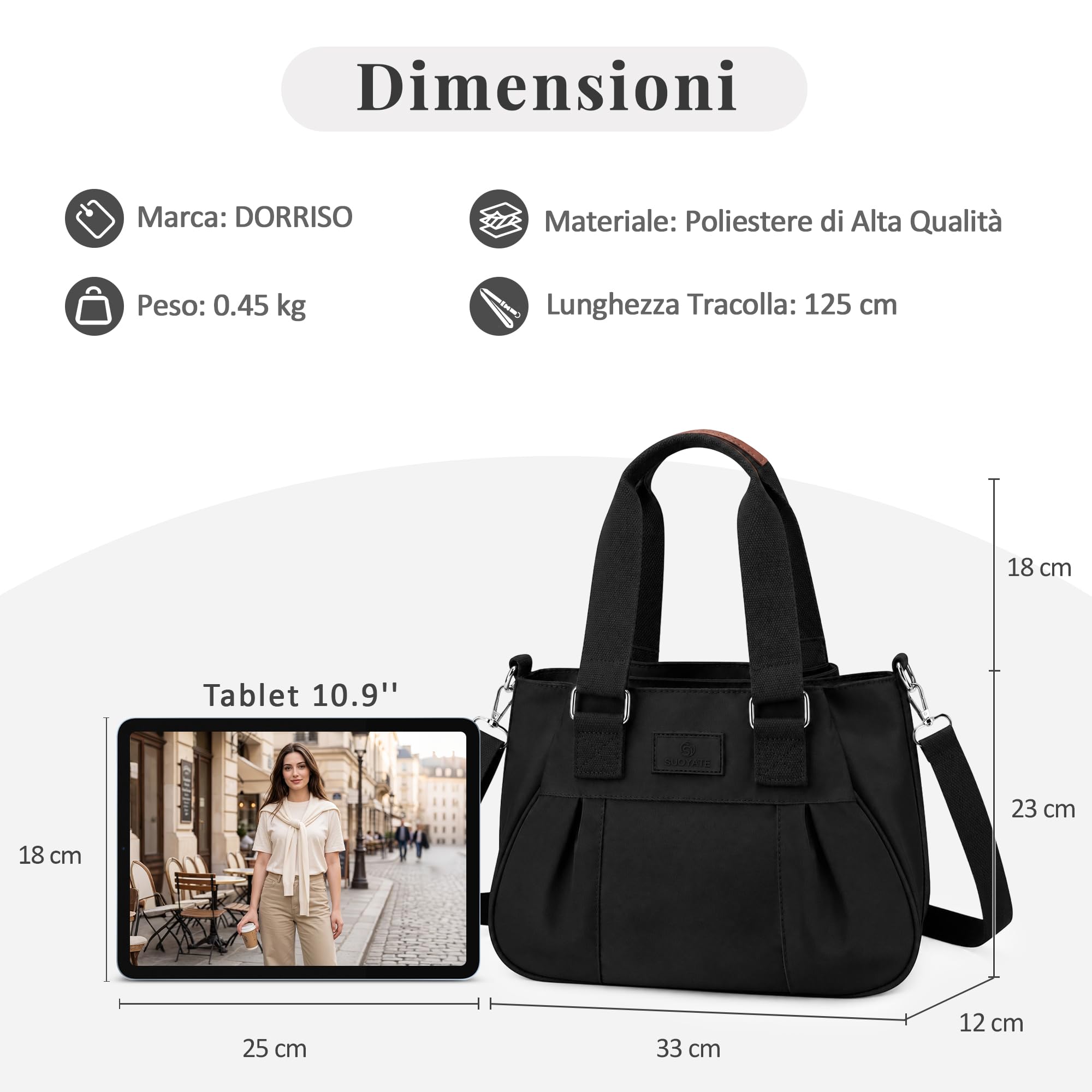 Donna Borsa Tracolla Moda Borsa Viaggio Borse Leggero Mano Borsetta Messenger Bag per Shopper Casual Lavoro Vacanze Impermeabile Nylon Nero