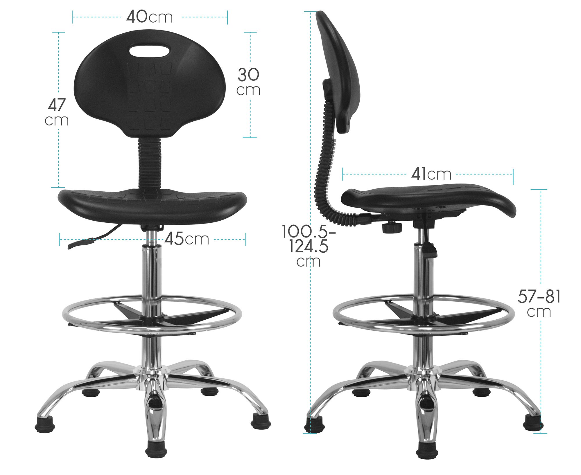 Siedzisko i stojące, wysoki stołek biurowy z oparciem, regulowany 57-81 cm, ergonomiczne siedzisko, regulowany podnóżek, chromowana metalowa konstrukcja, do biura i wysokich stołów