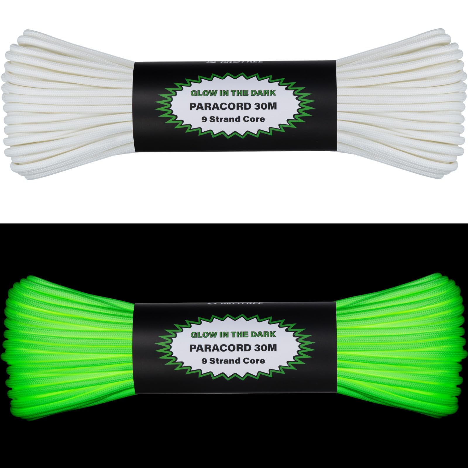Brotree Glow in The Dark Paracord 550 4mm 30m Luminous Rope 9 Strands Parachute Cord for Crafting, DIY, Tent, Camping