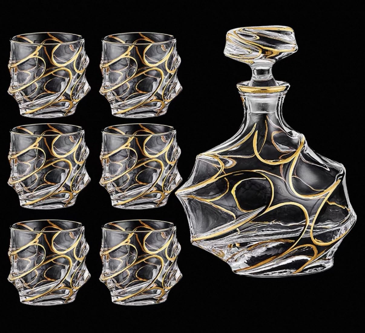 Carafe à whisky en cristal doré peinte à la main avec bouchon en verre – 750 ml élégante carafe à liqueur pour whisky, scotch, bourbon et spiritueux (carafe à décanter et 6 verres)