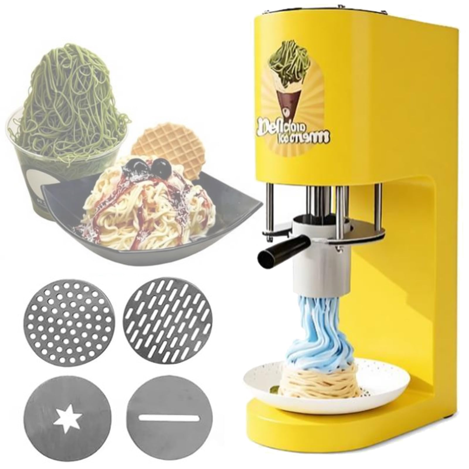 DOZPAL Commercial Spaghetti Ice Cream Machine - Professional Ice Cream Noodle Extruder 28-30 L/H Output with 4 Interchangeable Molds for Restaurants, Bars, Dessert Shops and Food Trucks Yellow