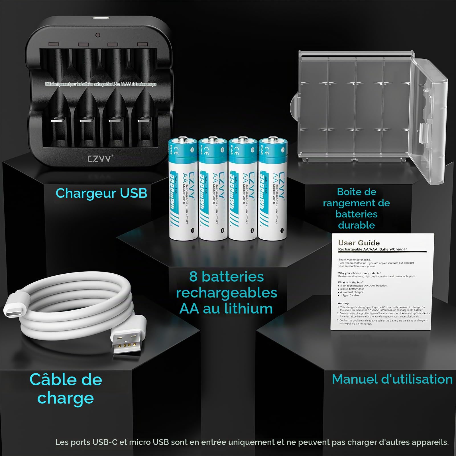 Piles Rechargeables Lithium AA 1,5V - Chargeur avec 8 Pack Accu Haute Capacité 3500mWh - Charge Rapide 2H - Batterie Durée 10 Ans, 1500 Cycles, Préchargées, Faible Auto-décharge, Sortie Constante