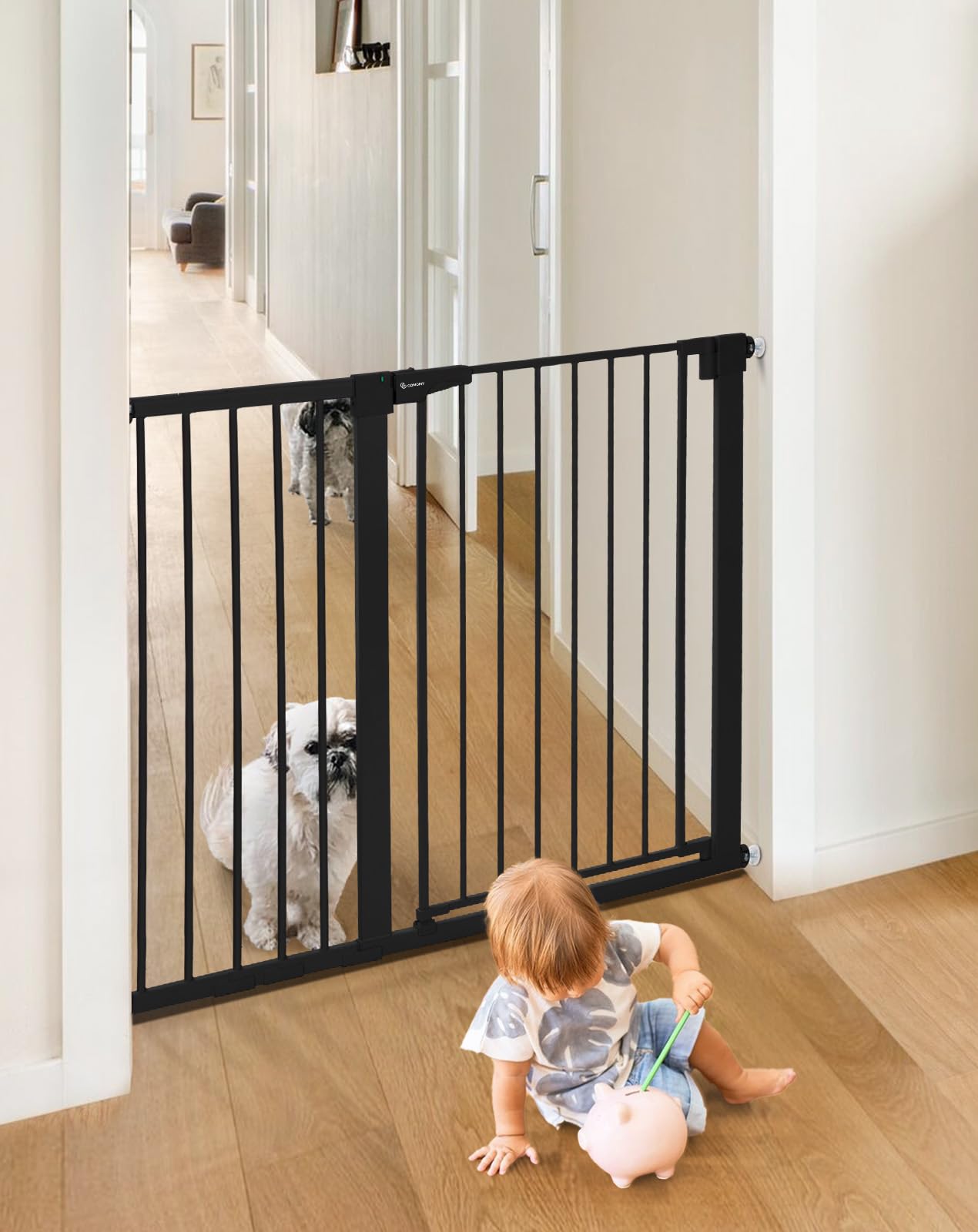 COMOMY 91,5cm Cancelletto per cani Extra Alto, per Scale e Porte, 75 a 117cm di Larghezza, Montato a Pressione Cancellino Bambini di Sicurezza Extra Largo a Chiusura Automatica per Casa, Nero