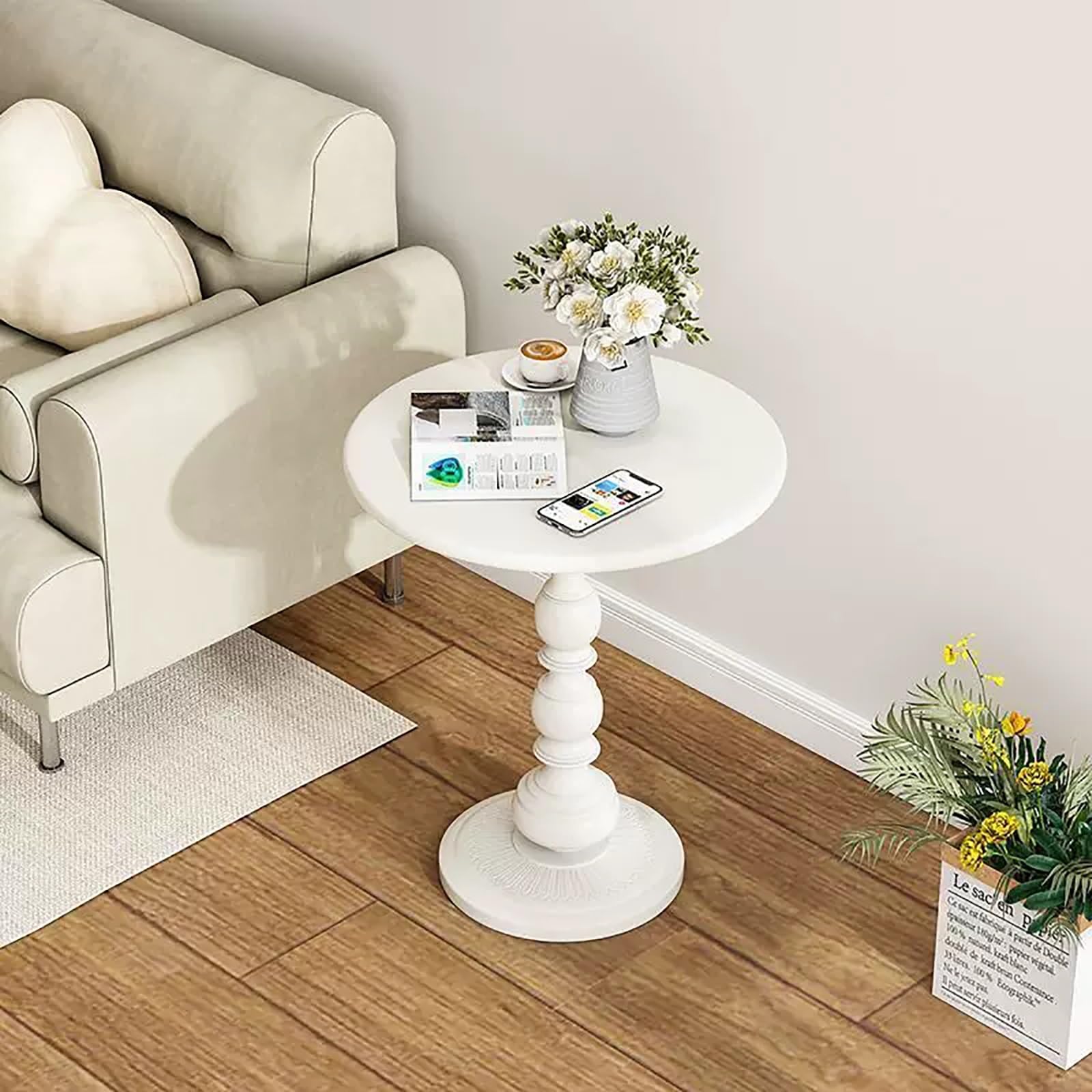 Metal End Table Round Vintage Side Table Nightstand Matte Black Accent Table Small Bar Pub Table for Living Room Cafe Home Office Bedroom (Color: White, Size: 42cm/16.5in)