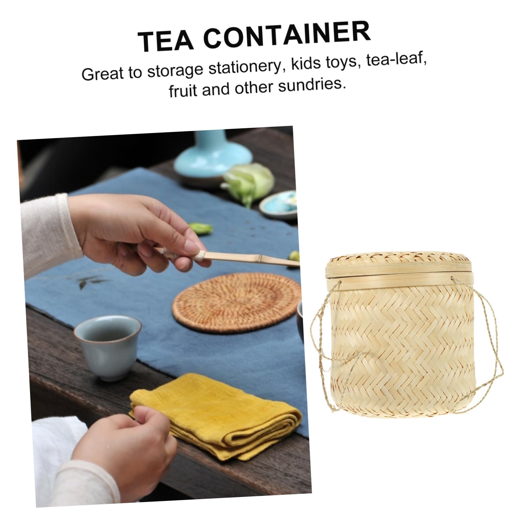 Amazon｜竹製収納かご 手編み茶入れ容器 蓋付き 携帯用 多用途 1個
