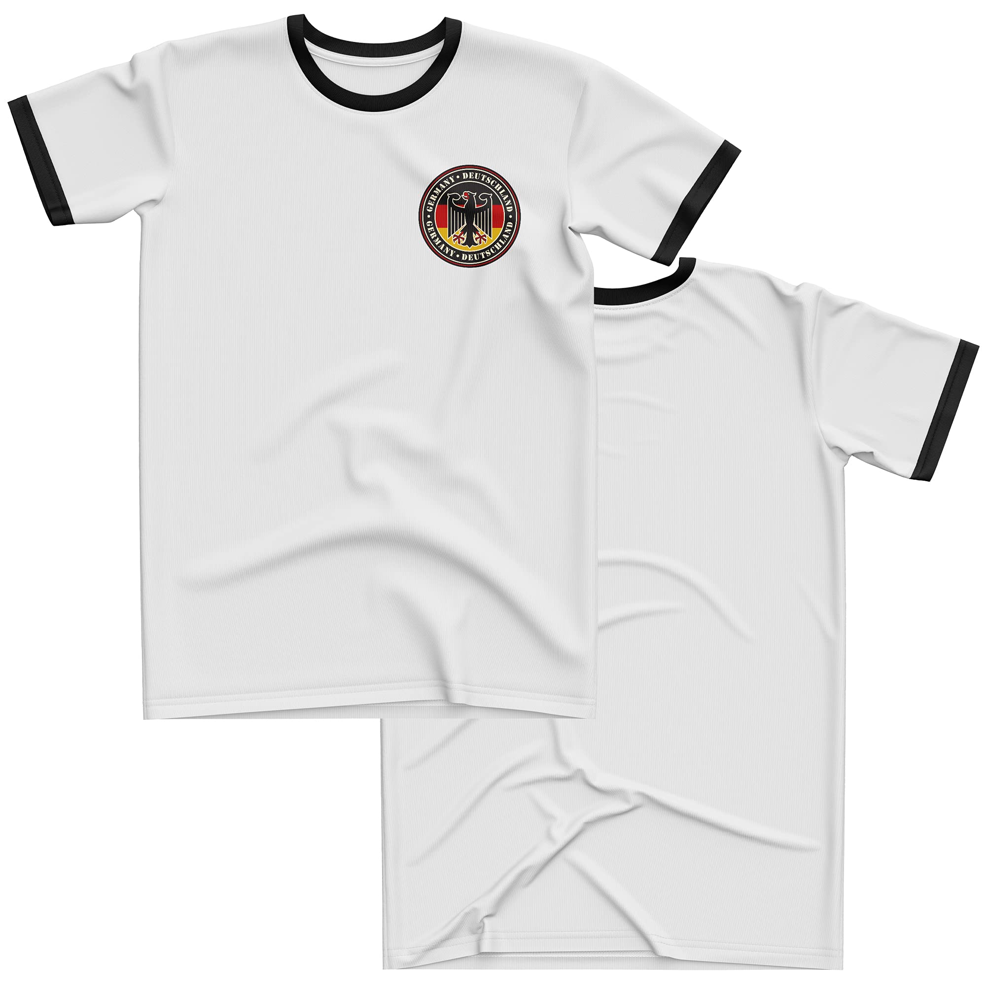 Purple Print House Germany Football Shirt, Germany Deutschland Badge T-Shirt Mens Gifts White Black Ringer Top Birthday