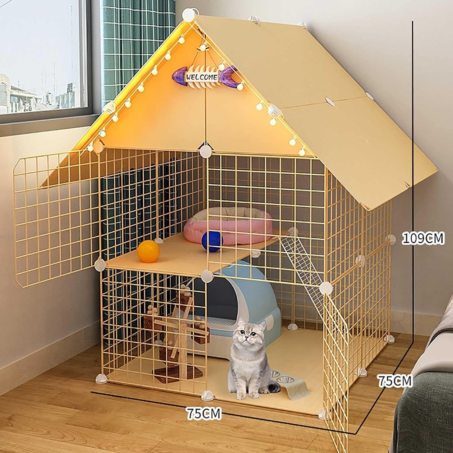 Cat Cage - Cat Cage Playpen 2-Tier Cat Cages Indoor Large with Litter Box,Folding Metal Cat Crate with Roof and Door - DIY Pet Enclosure,Yellow