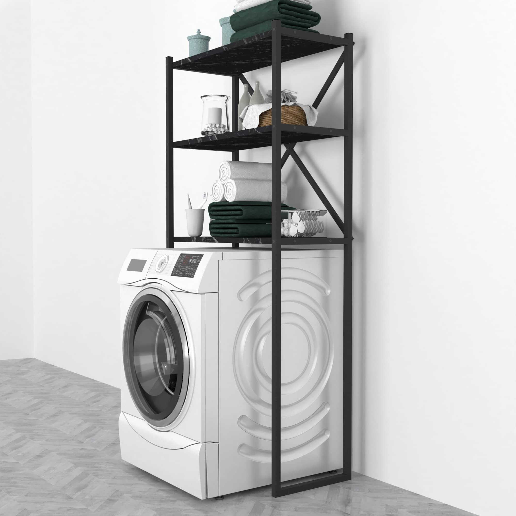 [en.casa] Estantería Alta para Lavadora Askersund Mueble de Baño de 3 Niveles Armario de Baño para Inodoro Secadora Aglomerado/Metal 160 x 66 x 34 cm - Efecto Mármol Negro
