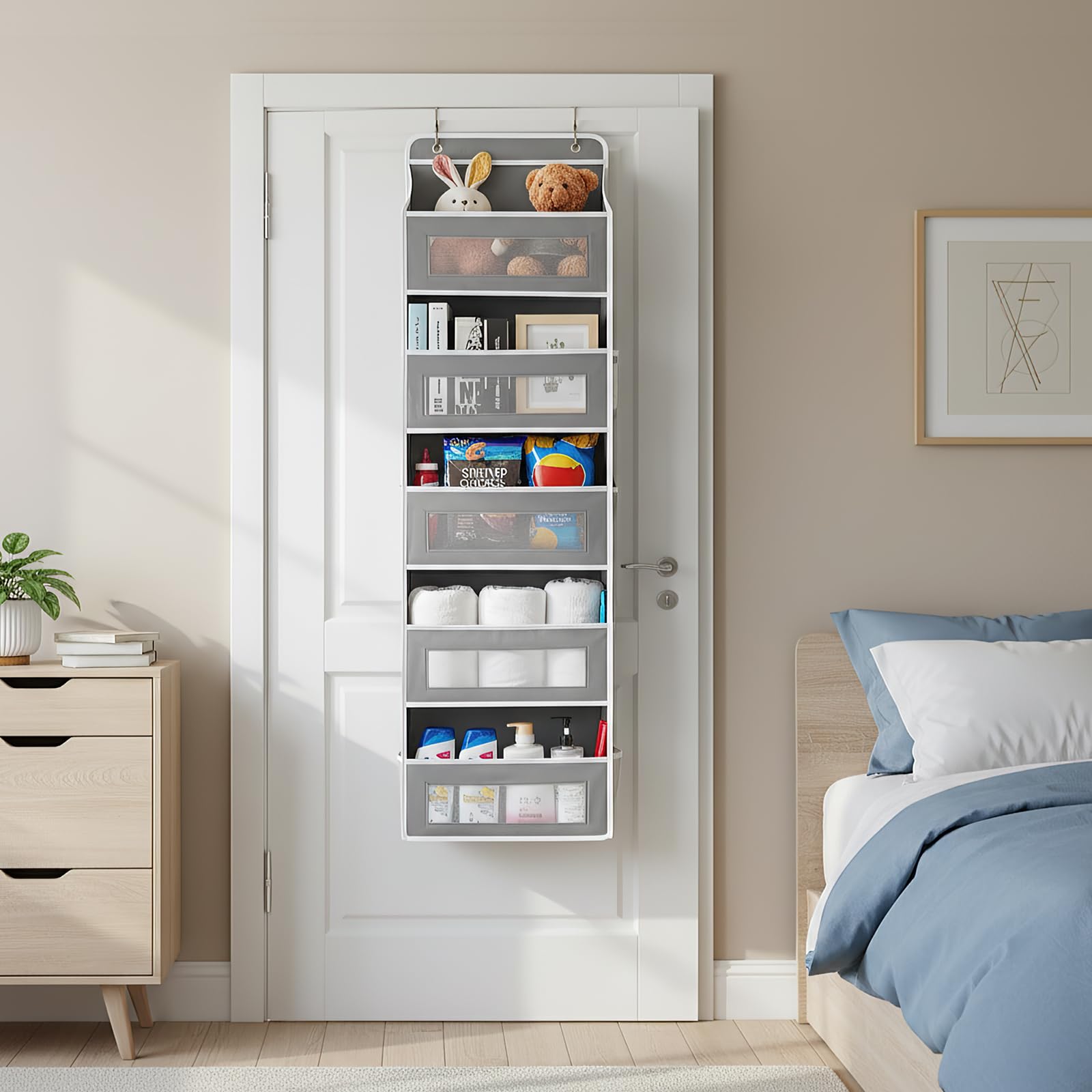 Organizador de almacenamiento sobre la puerta, organizador de puerta colgante con 5 bolsillos laterales de malla, estantes colgantes resistentes para juguetes, pañales, guardería, dormitorio