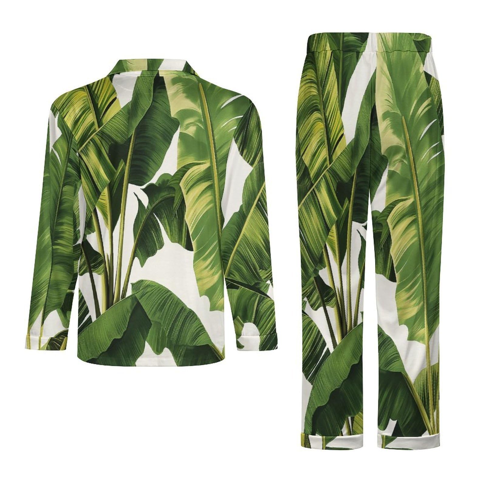 OLEETS Completo Pigiama da Uomo - Paesaggio di Foglie Completo da Notte Pantaloni Caldo Invernale Comodo con Tasche Top Morbido E Ampio 2 Pezzi