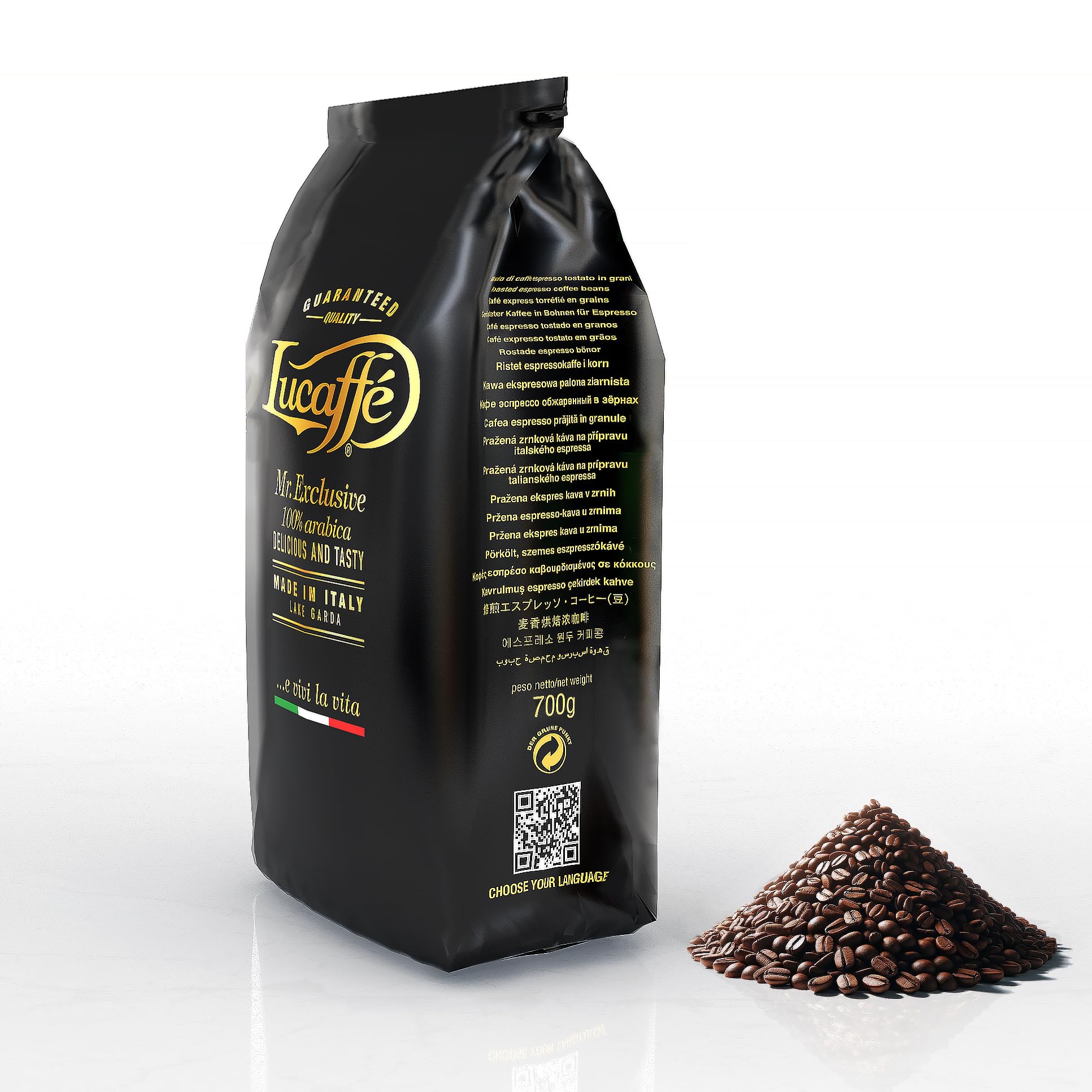 LUCAFFÈ Mr. Exclusive Arabica granos de café 700gr paquete ahorra aroma, origen de los granos Sudamérica, Asia, África, granos de café sabor dulce, aroma tostado, cuerpo medio