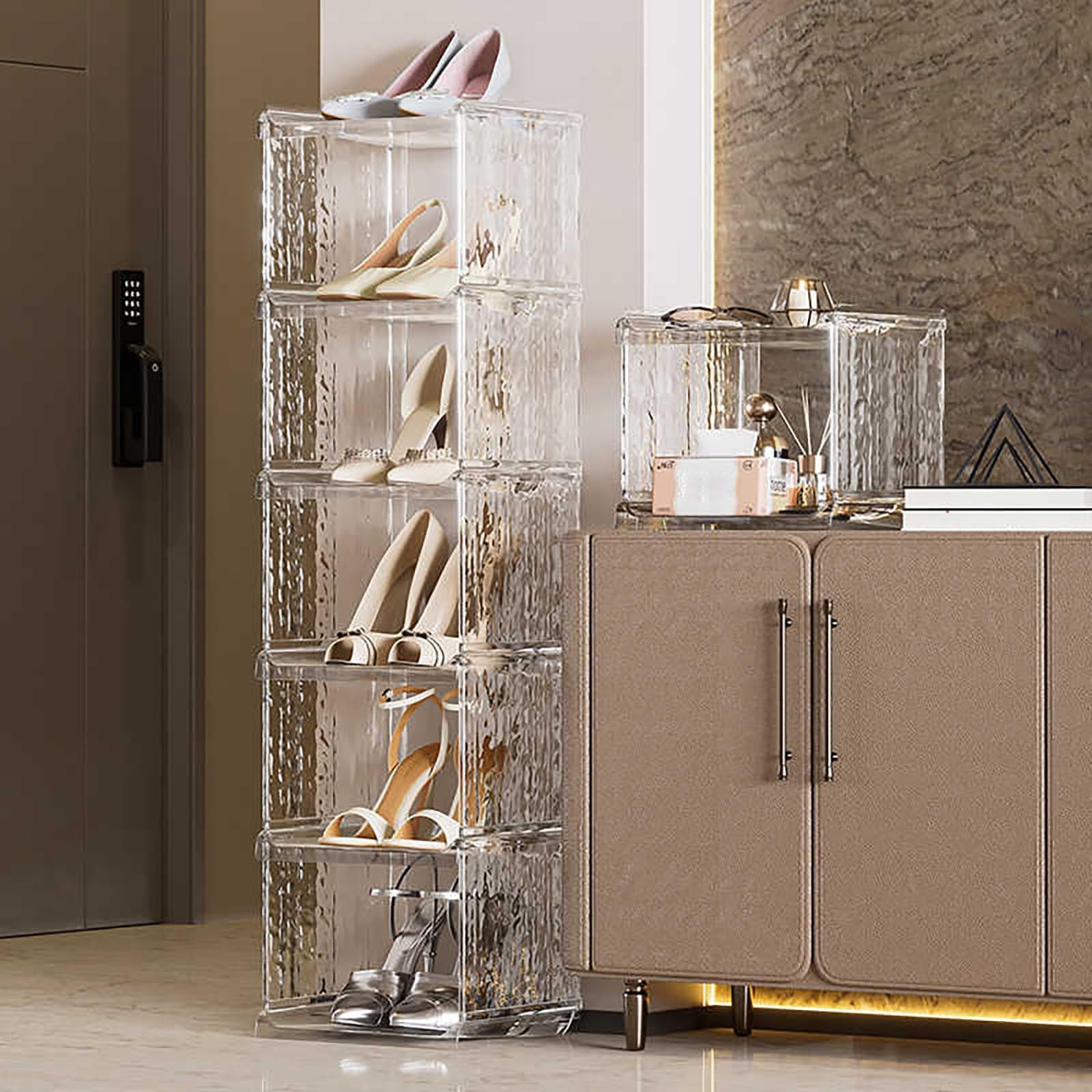 Zapatero modular, zapatero abierto, apilable, para entrada, sala de estar, dormitorio, ahorro de espacio, elegante solución de almacenamiento marrón