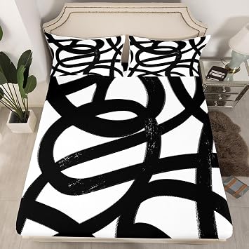 Feelyou Boys Girls Black and White Striped Bed Sheet Set Queen Size, Abstract Art Bedding Set Boho Line Fitted Sheet Kids Teens Bedroom Decor Bed Set 3Pcs No Flat Sheet