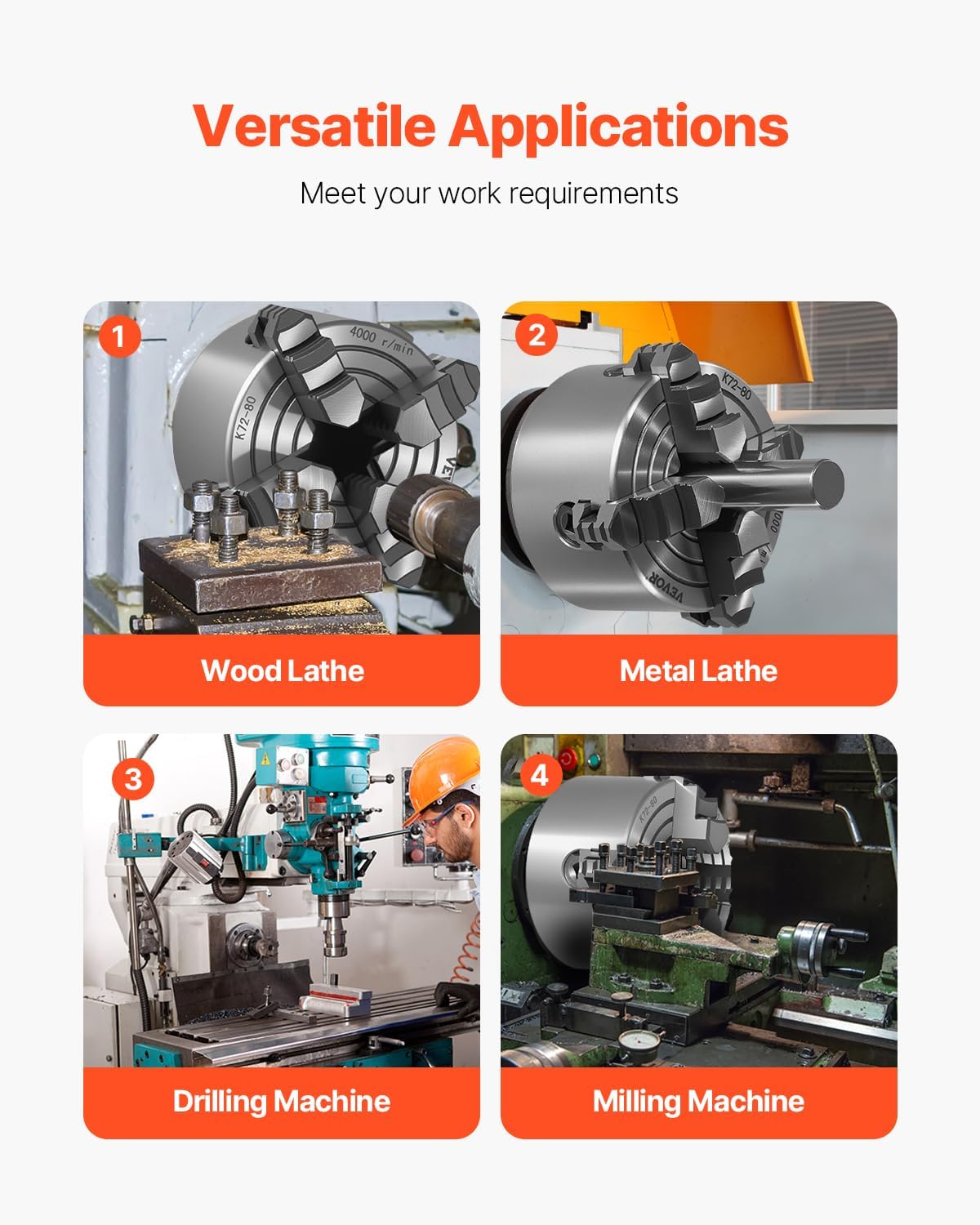 VEVOR 4-Jaw Lathe Chuck, 3 Inch (80 mm), 4-Jaw Independent Chuck, 0.1-3.15 in (5-80 mm) Clamping Range with T-key Fixing Screws Reversible Jaws, HT300 Material, Internal External for Wood Metal Lathe