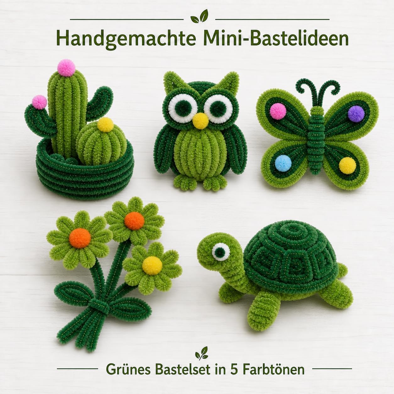 MAOSIYUE Green Pipe Cleaners Bulk, 500 Stems and 100 Pom Poms, 30 cm x 8 mm
