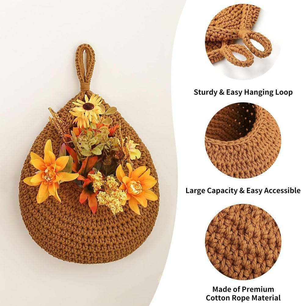 3 Pack Woven Produce Holder with 6 Pcs Strong Hooks Vegetable Hanging Basket, Wall Hanging Fruit Baskets for Kitchen, for Organizing Teardrop,Hemp rope