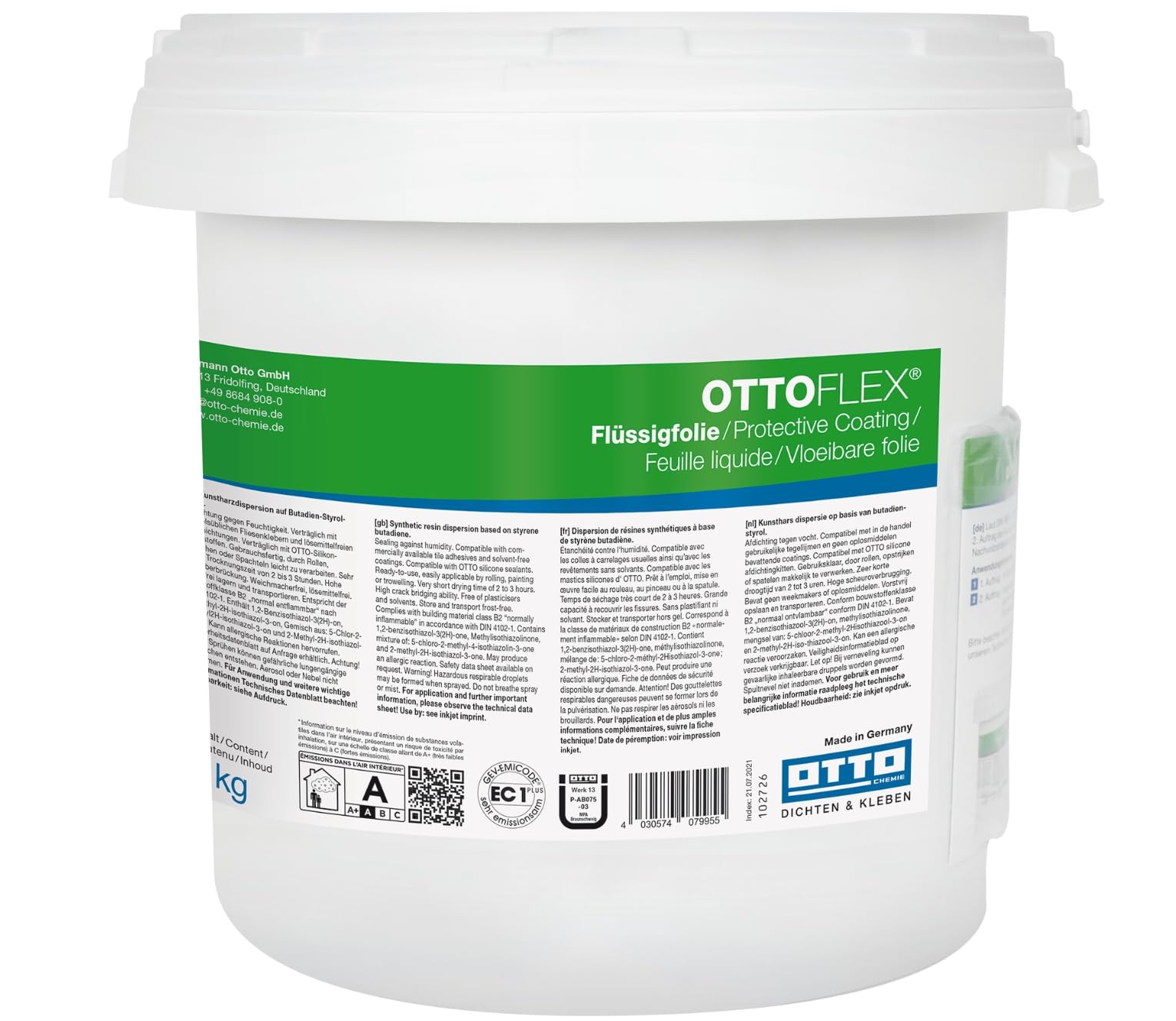 OTTOFLEX Komplett-Dichtset mit 7 kg Flüssigfolie und 1 Beutel Farbpaste (10g) 1 kg Voranstrich 2 Wanddichtmanschetten 15 x 15 cm 5 Meter OTTOFLEX Objektdichtband 1 Innenecke Abdichtung