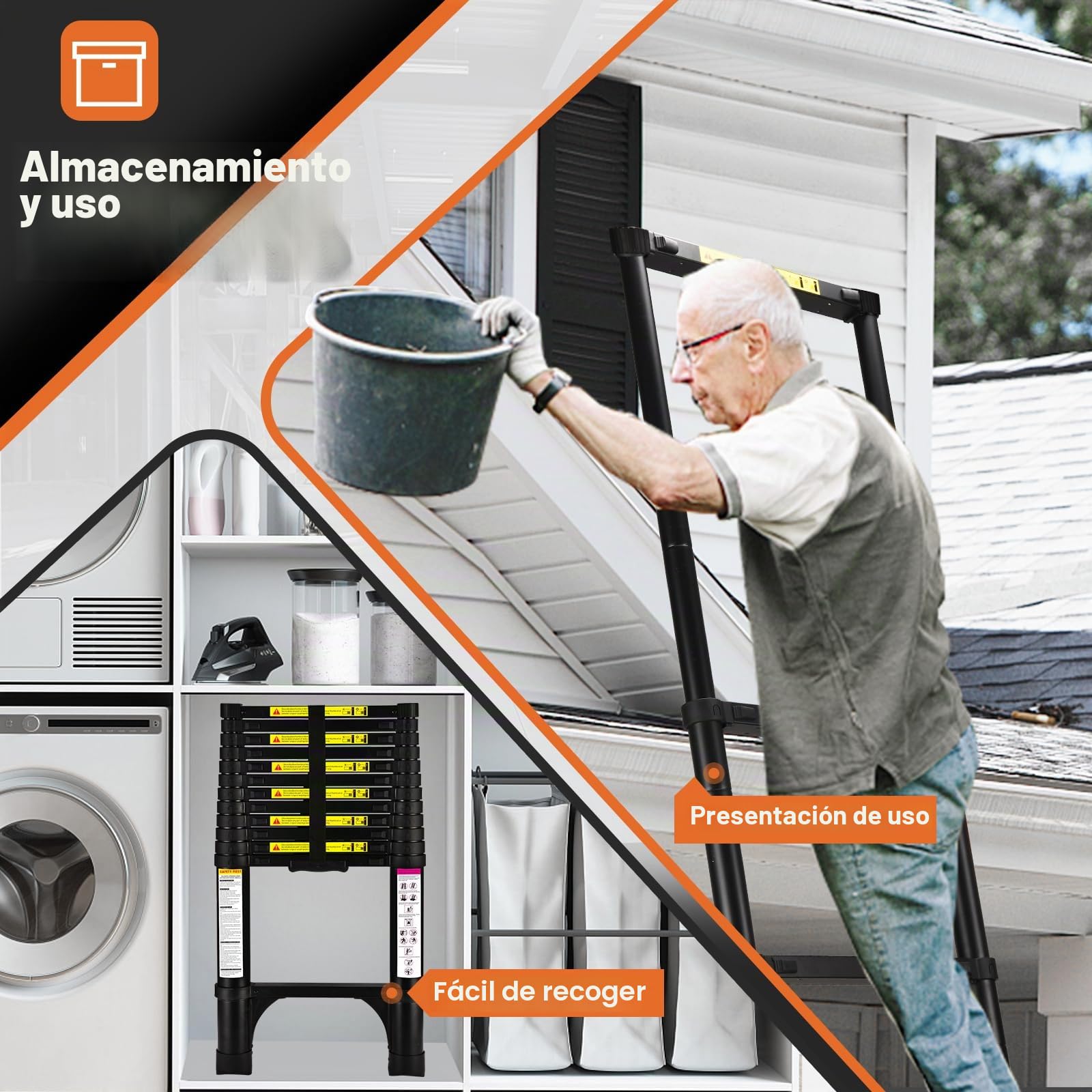 Escalera telescópica de 3.8 Metros con pies Antideslizantes, Escalera Plegable de Aluminio Ligero para altillos, Casas rodantes, Exteriores e Interiores, Capacidad de Carga de 150kg.Negro