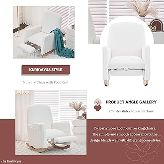 Modern Rocking Chair Nursery, Comfy Glider Nursery Chair with Foot Rest, Upholstered Rocker with Pocket, Accent Reading Armchair with Solid Wood Base for Living Room, Bedroom, Lounge Room (Ivory)