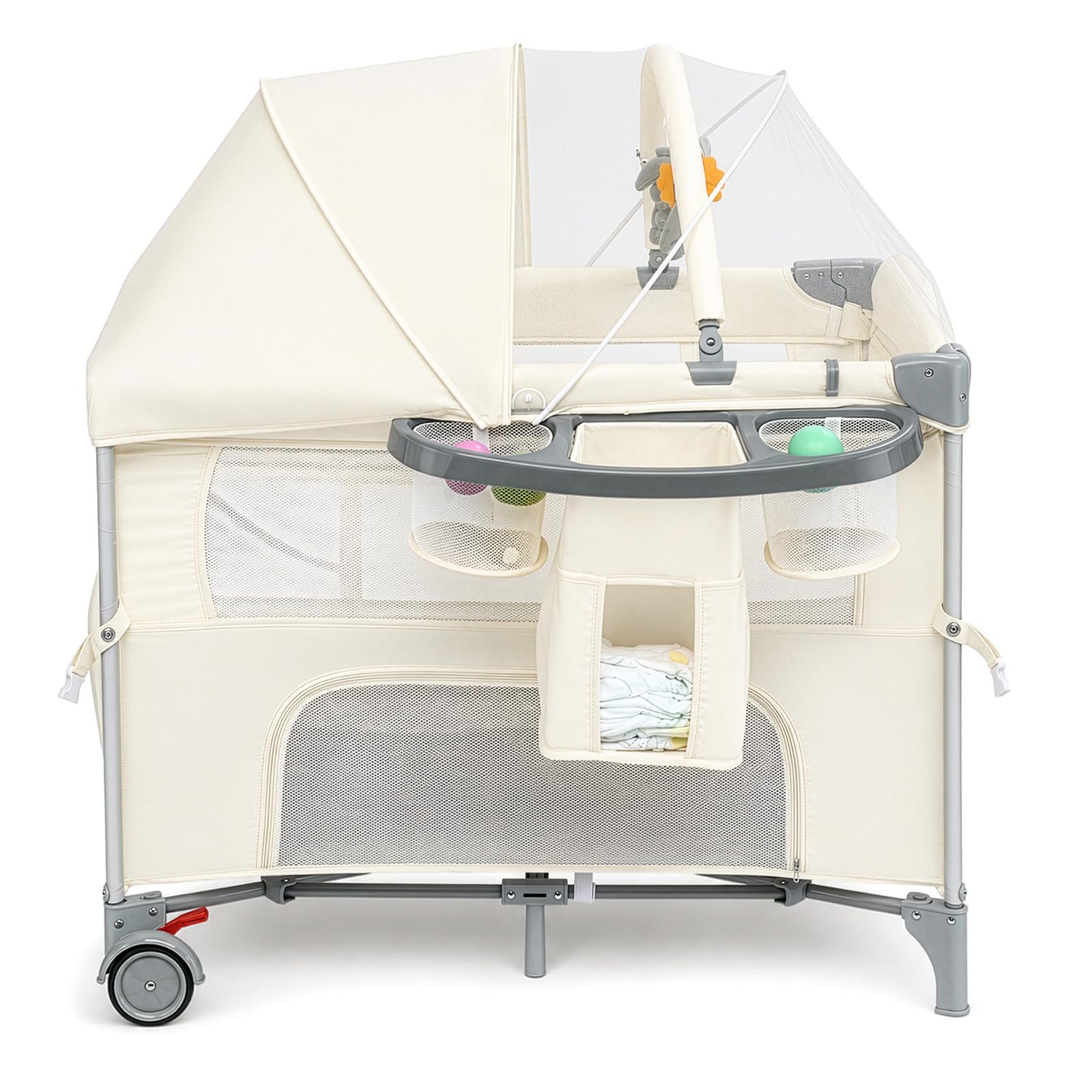 LEADZM Lit Bébé Cododo 5 en 1, Berceau Bébé Pliable avec Table à Langer, Panier de Rangement, Moustiquaire, Jouets Suspendus et Sac de Transport pour Nouveau-né et Jeune Enfant (Blanc Cassé)