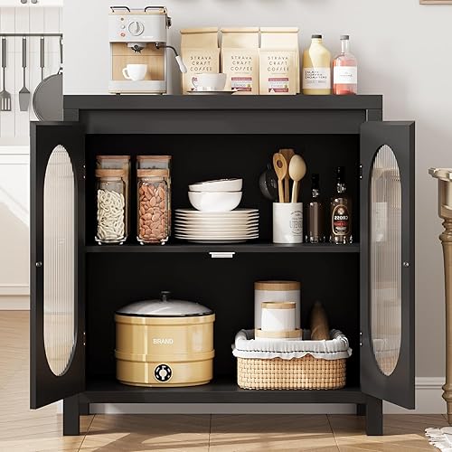 Miniatura 4 de GAOMON Gabinete de almacenamiento retro, gabinete de buffet de 30.1 pulgadas con puertas de vidrio estriado, estación de almacenamiento de barra de