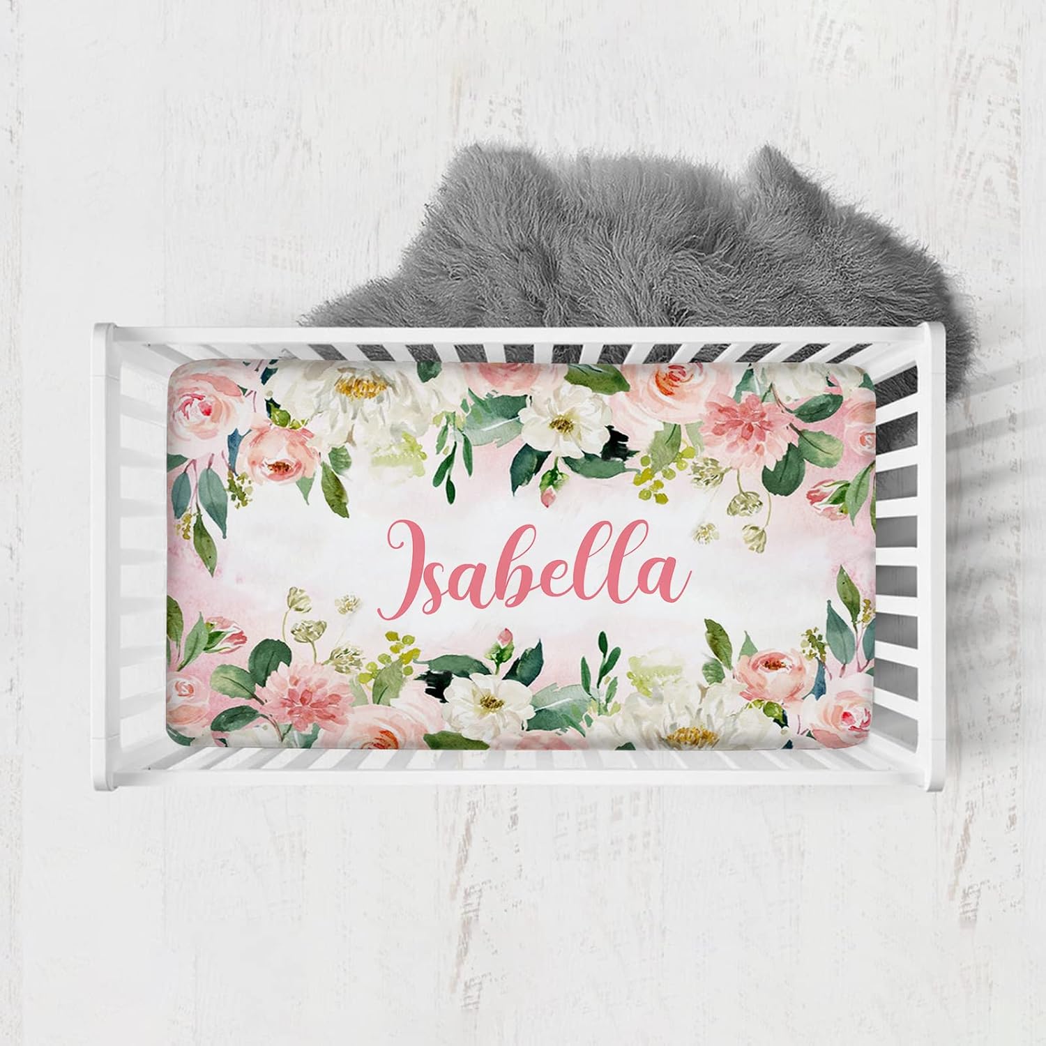 Flower Rose Baby Crib Sheet, Personalized Fitted Crib Bedding Floral Sheet with Name, Custom Pack and Play Sheets, Crib Mattress Sheets for Baby Boys Girls, Mini Crib Sheet | Name Crib Sheets