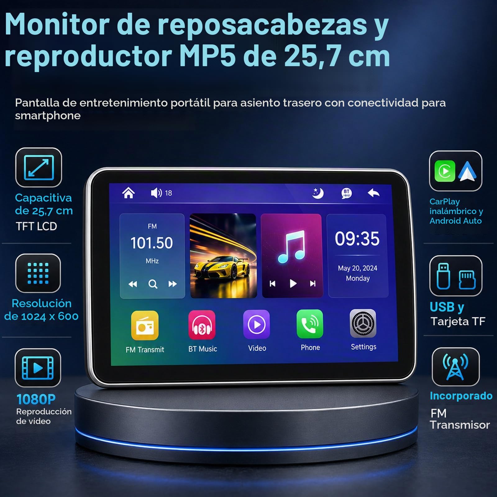 Monitor de Reposacabezas de Coche con Carplay Inalámbrico para Asiento Trasero, Pantalla Táctil IPS 10.1", Compatible con Apps de Películas, HDMI, USB, Multilingüe A