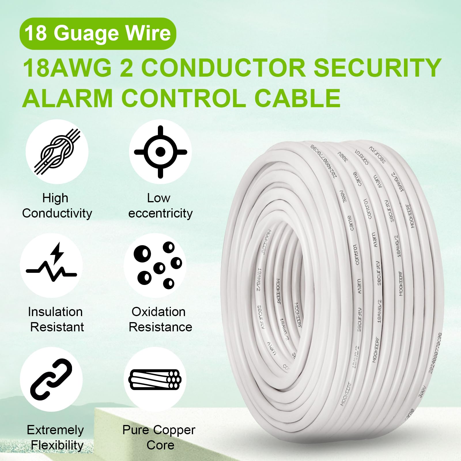 MOOKEERF Cable Plenum blindado trenzado de 2 conductores de 18 AWG, 100 pies, 18/2, cable blindado blanco CL3P para seguridad, alarma, control de acceso, sonido, 18 AWG, 2 conductores