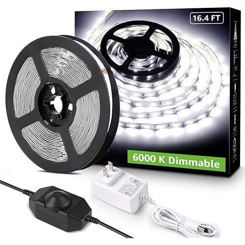 Lepro LED Strip Light White, 16.4ft Dimmable Vanity Lights, 6000K Super Bright LED Tape Lights, 300 LEDs 2835, Strong 3M Adhesive, Suitable for Home, Kitchen, Under Cabinet, Bedroom, Daylight White