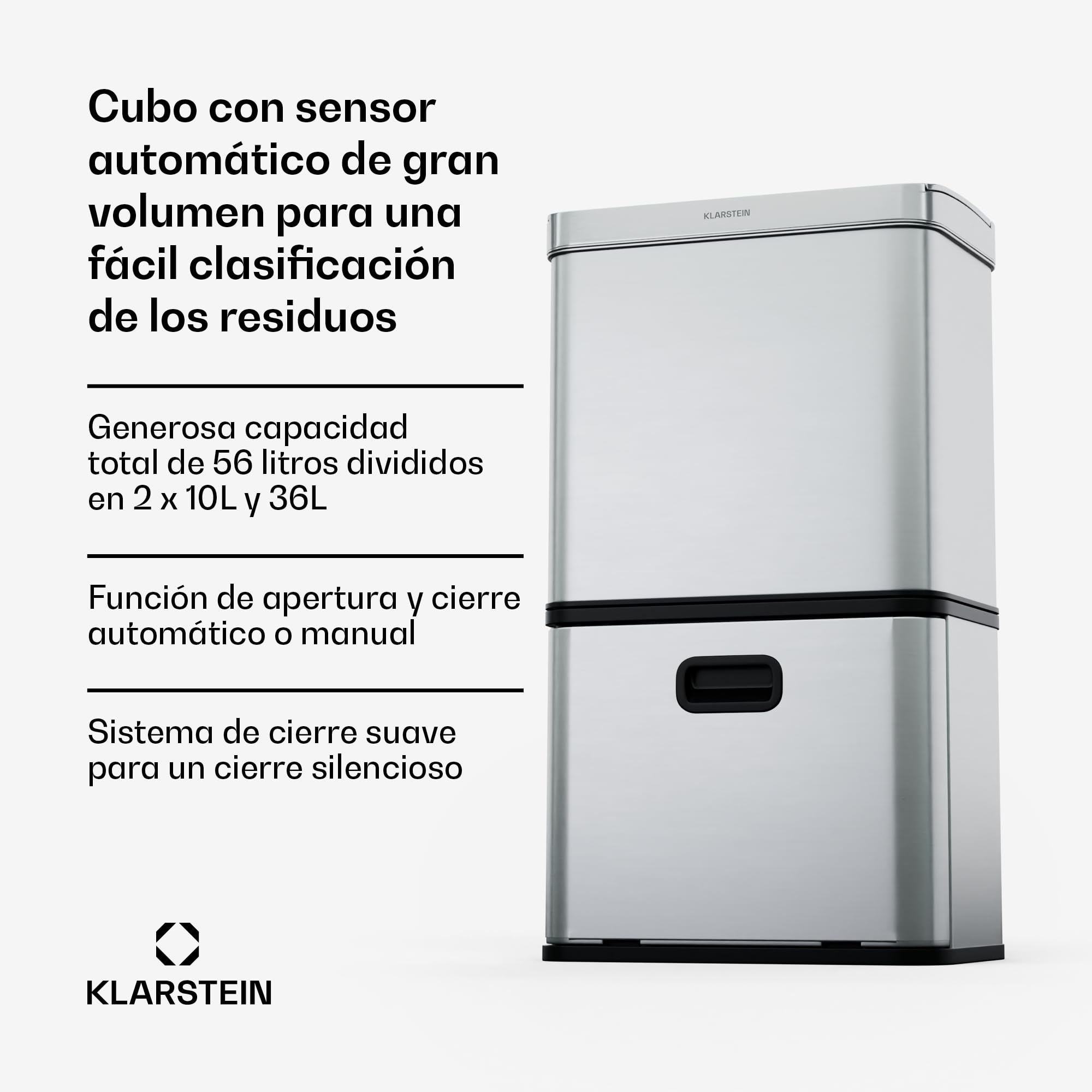 KLARSTEIN Cubo de basura cocina con sensor, 56L, 3 compartimentos para reciclaje, acero inoxidable, cierre suave, papelera cocina sin contacto